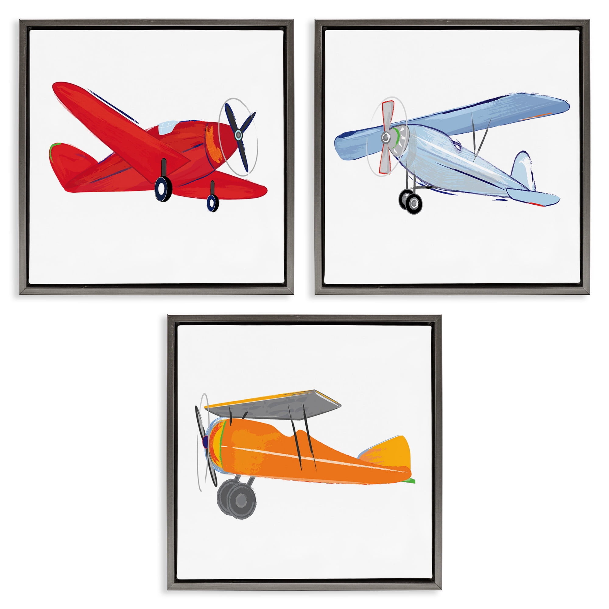 Stupell Industries Triple Colorful Airplanes Drawing Art for Kids Painting Gray Floater Framed Canvas Art Print Wall Art, 25 x 25, Set of 3