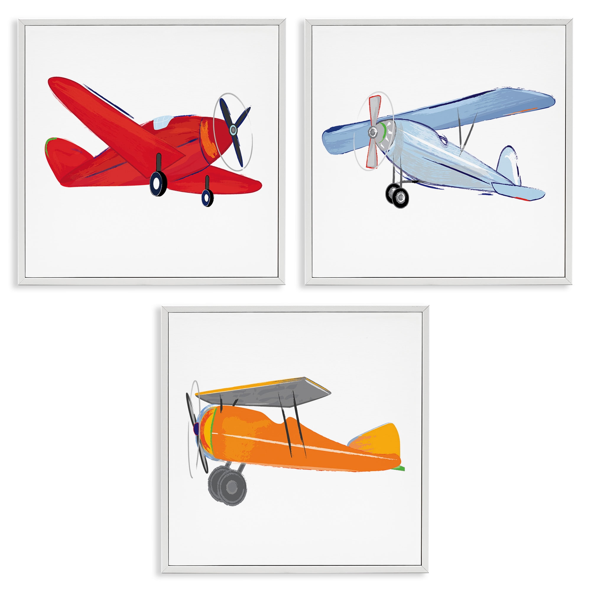 Stupell Industries Triple Colorful Airplanes Drawing Art for Kids Painting White Framed Art Print Wall Art, 17 x 17, Set of 3