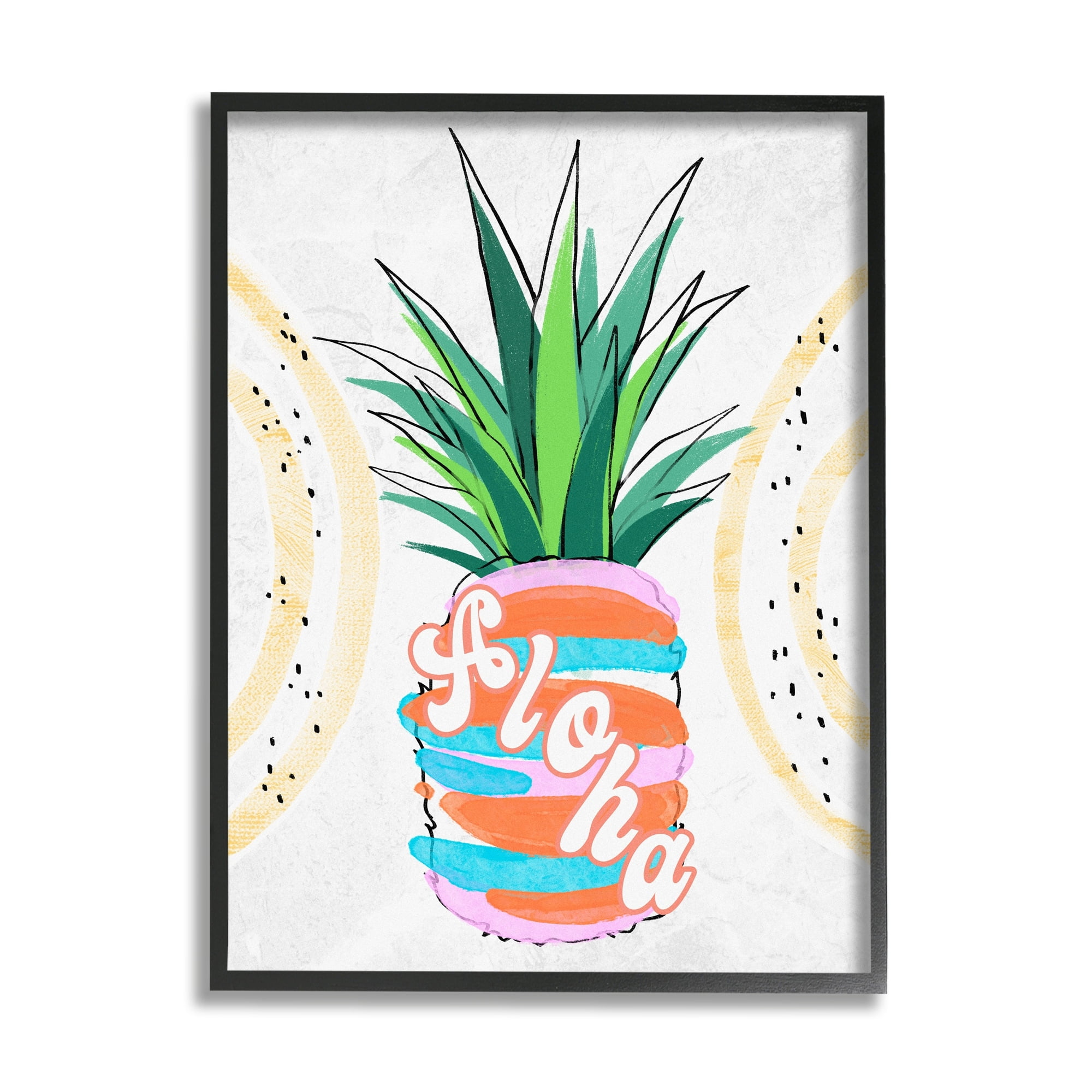 Stupell Industries Tropical Aloha Pineapple Bold Leaves Groovy Text Graphic Art Black Framed Art Print Wall Art, Design by Ziwei Li