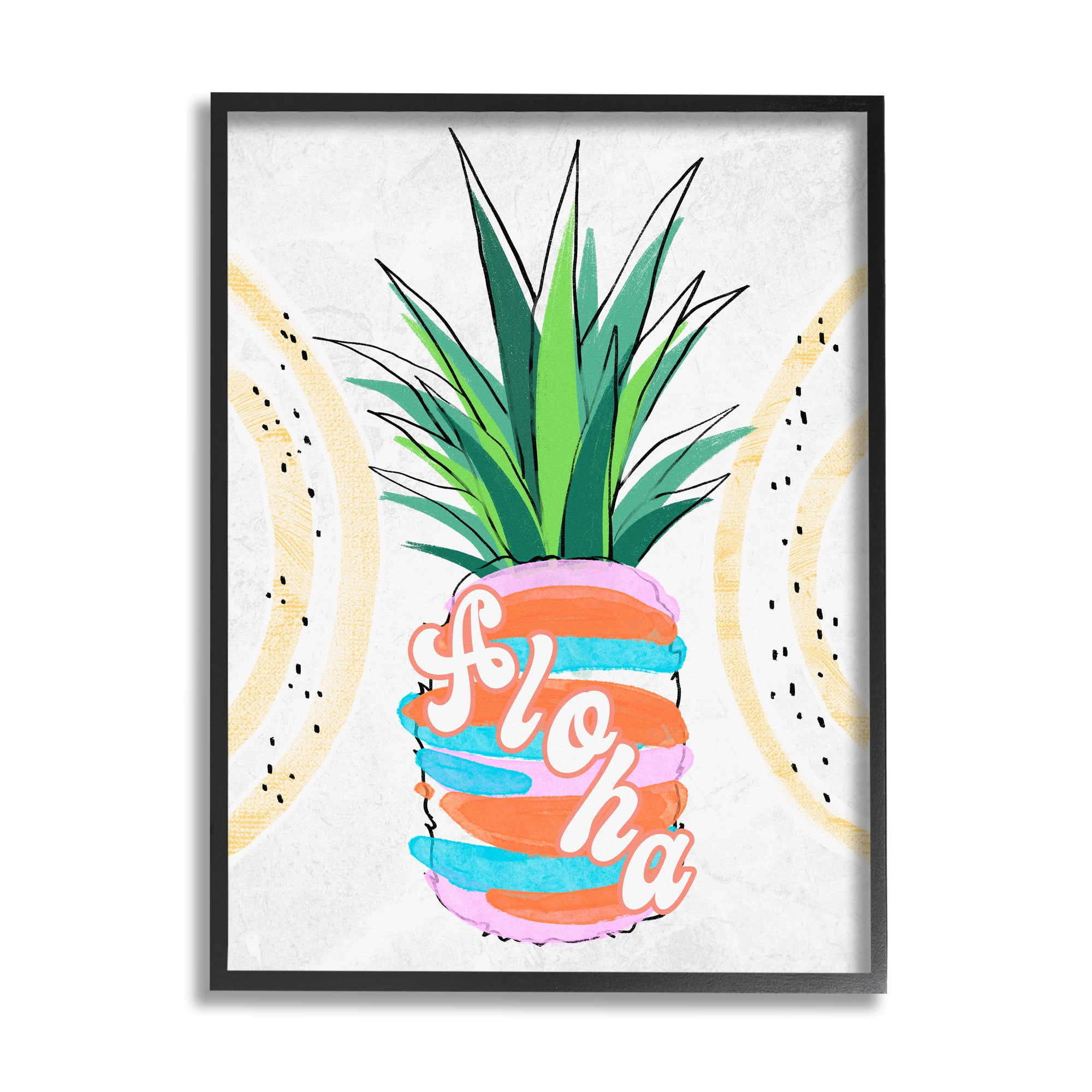 Stupell Industries Tropical Aloha Pineapple Bold Leaves Groovy Text Graphic Art Black Framed Art Print Wall Art, Design by Ziwei Li