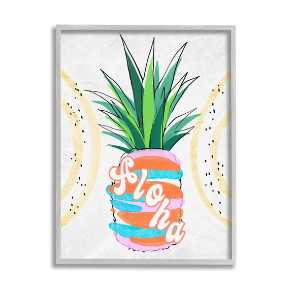 Stupell Industries Tropical Aloha Pineapple Bold Leaves Groovy Text Graphic Art Gray Framed Art Print Wall Art, Design by Ziwei Li