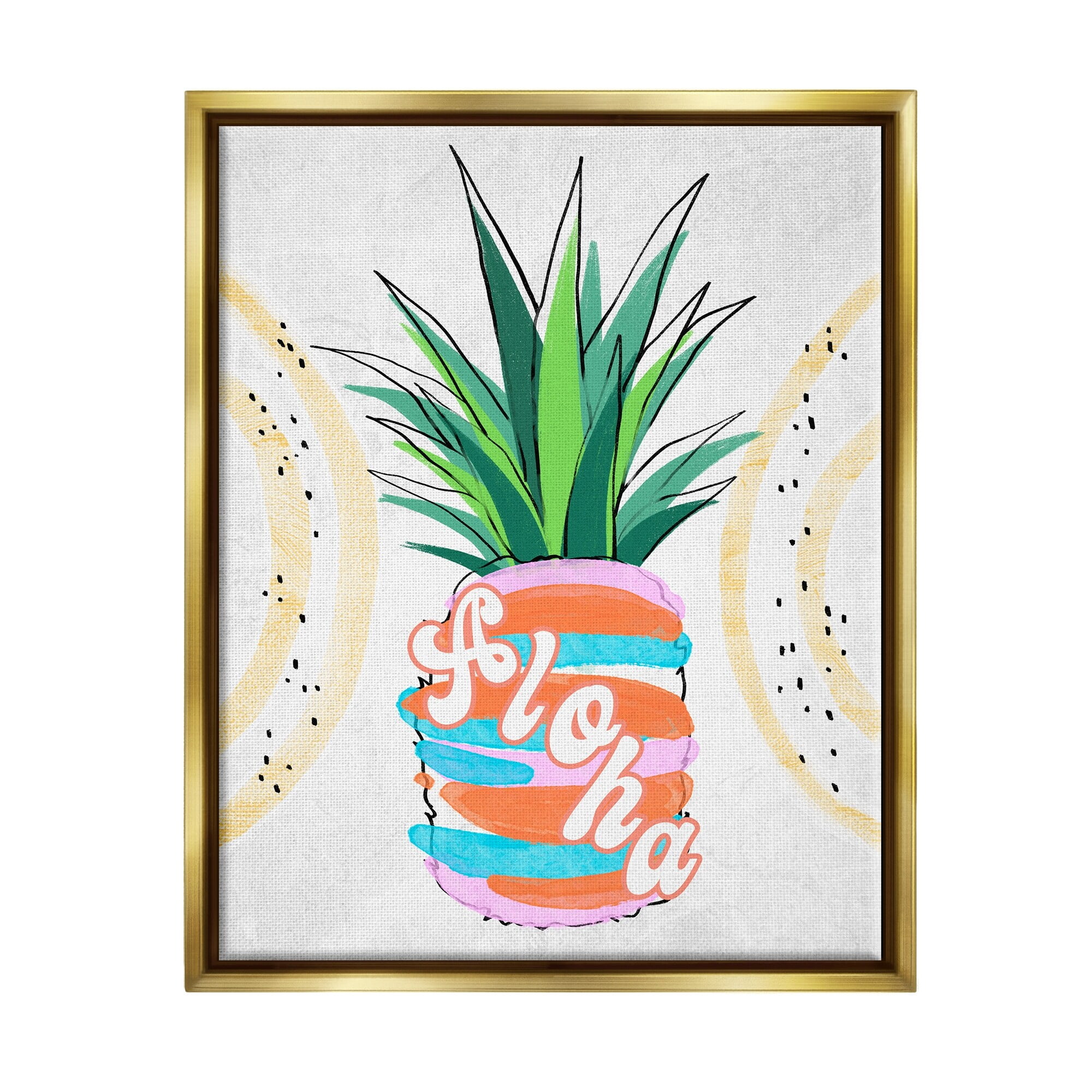 Stupell Industries Tropical Aloha Pineapple Bold Leaves Groovy Text Graphic Art Metallic Gold Floating Framed Canvas Print Wall Art, Design by Ziwei Li