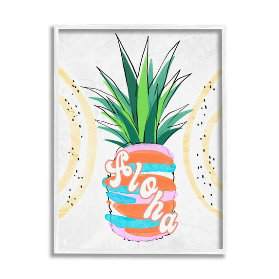 Stupell Industries Tropical Aloha Pineapple Bold Leaves Groovy Text Graphic Art White Framed Art Print Wall Art, Design by Ziwei Li