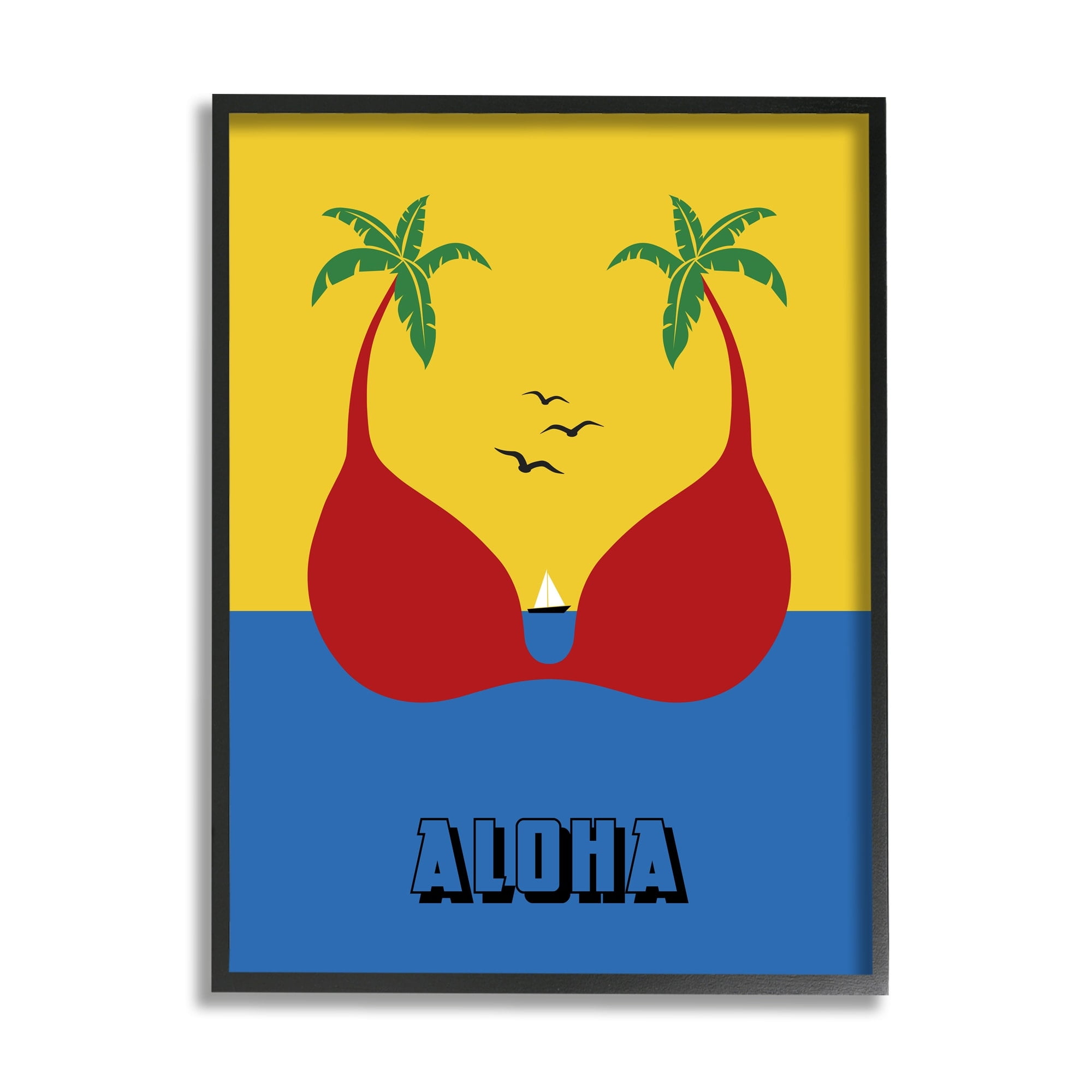 Stupell Industries Tropical Aloha Saying Swimsuit Palm Trees Design Graphic Art Black Framed Art Print Wall Art, 11x14, by Atelier Posters