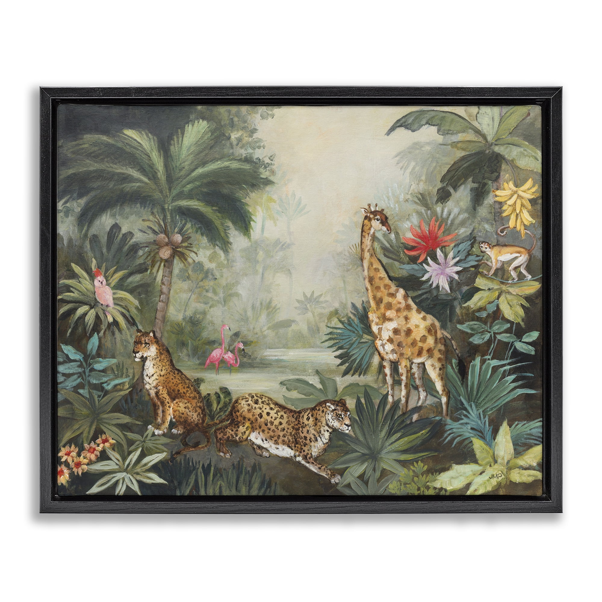 Stupell Industries Tropical Animals in Jungle Landscape Painting Black Floater Framed Canvas Art Print Wall Art, 31 x 25