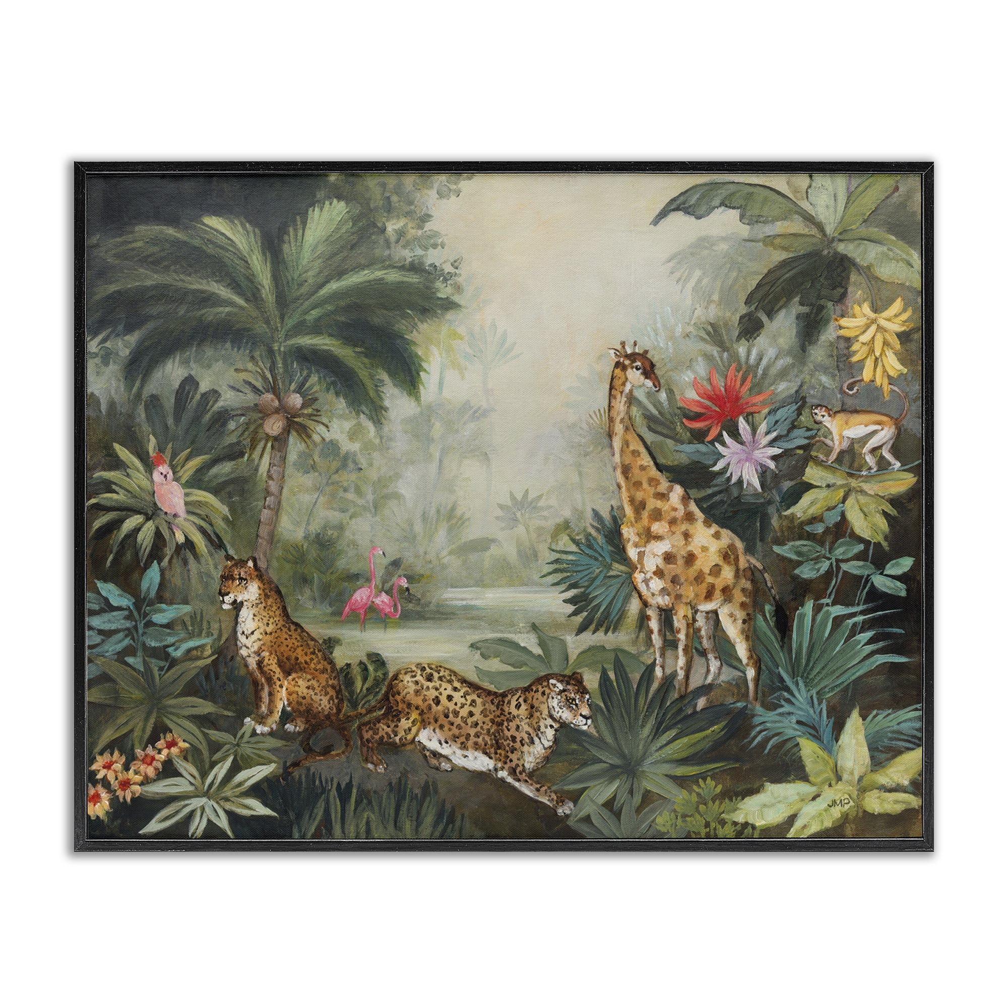 Stupell Industries Tropical Animals in Jungle Landscape Painting Black Framed Art Print Wall Art, 20 x 16