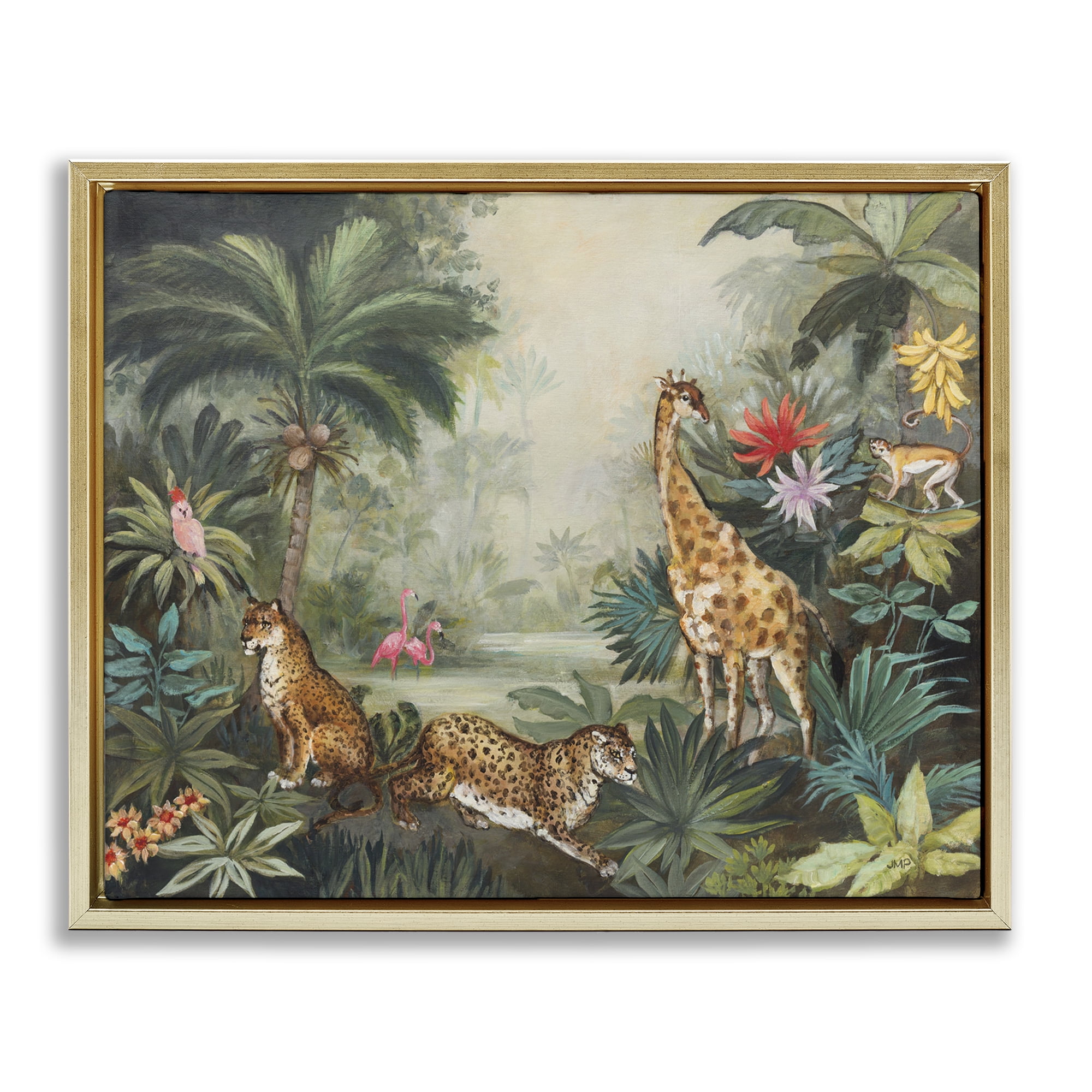 Tropical Jungle Landscape with Animals on Gold Framed Canvas, 21 x 17