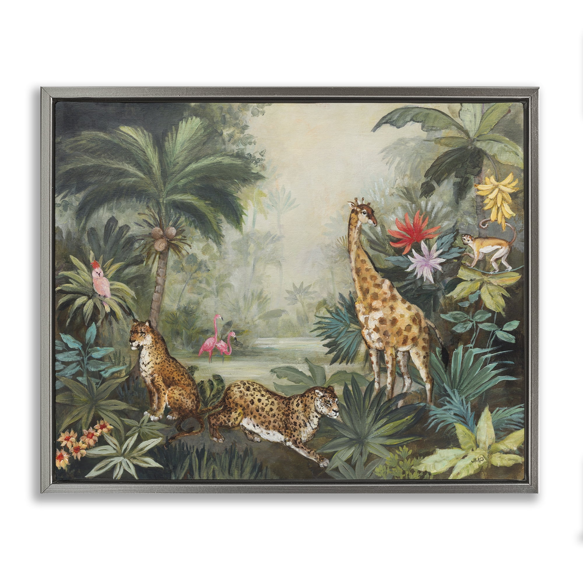 Stupell Industries Tropical Animals in Jungle Landscape Painting Gray Floater Framed Canvas Art Print Wall Art, 31 x 25