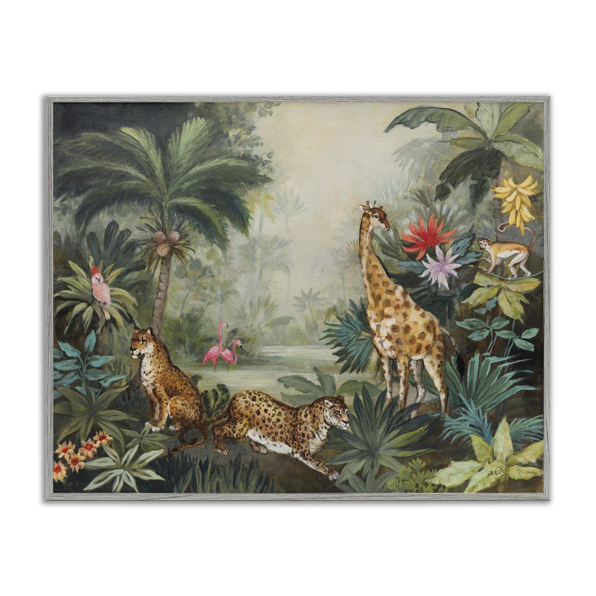 Stupell Industries Tropical Animals in Jungle Landscape Painting Gray Framed Art Print Wall Art, 14 x 11