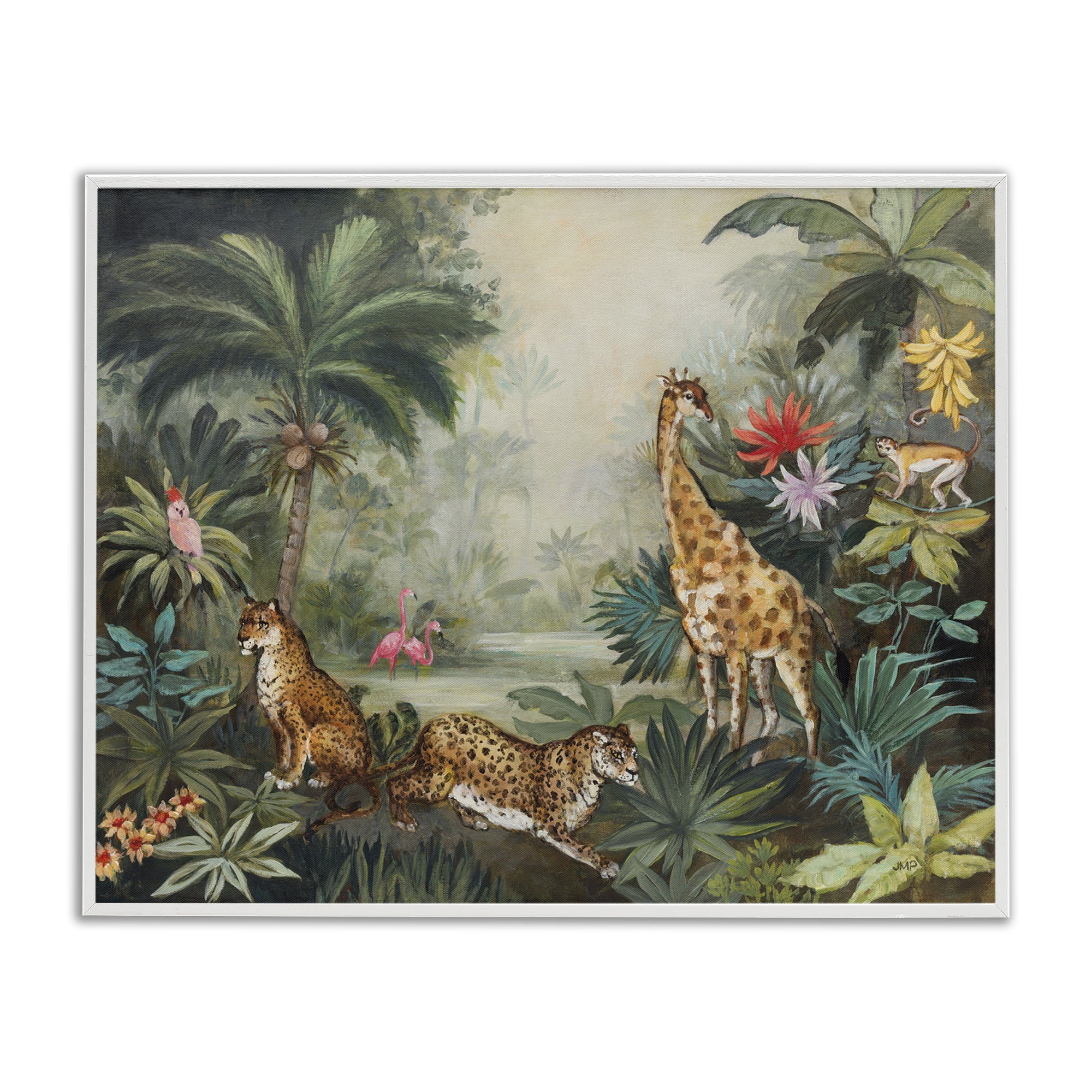 Stupell Industries Tropical Animals in Jungle Landscape Painting White Framed Art Print Wall Art, 30 x 24