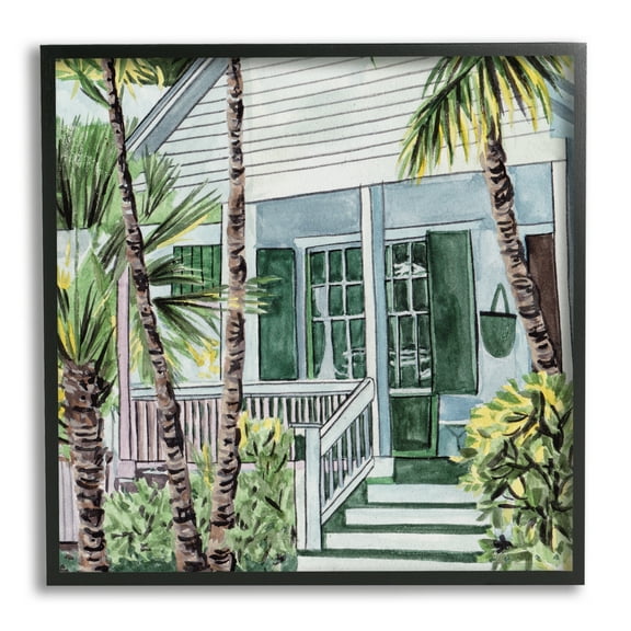 Stupell Industries Tropical Beach Cottage Botanical & Floral Painting Black Framed Art Print Wall Art, 12 x 12
