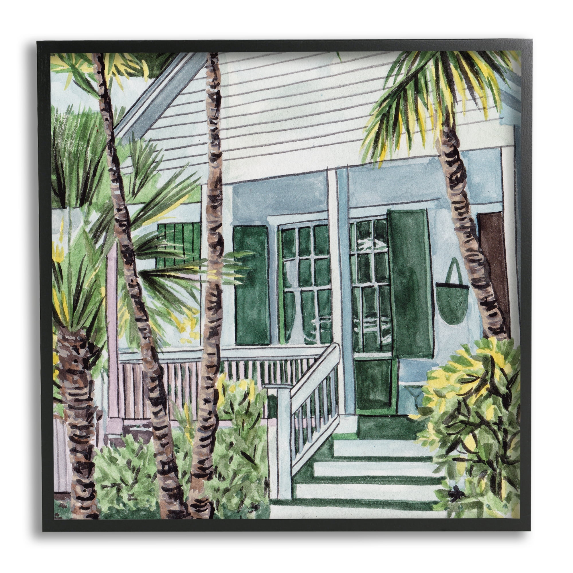 Stupell Industries Tropical Beach Cottage Botanical & Floral Painting Black Framed Art Print Wall Art, 24 x 24