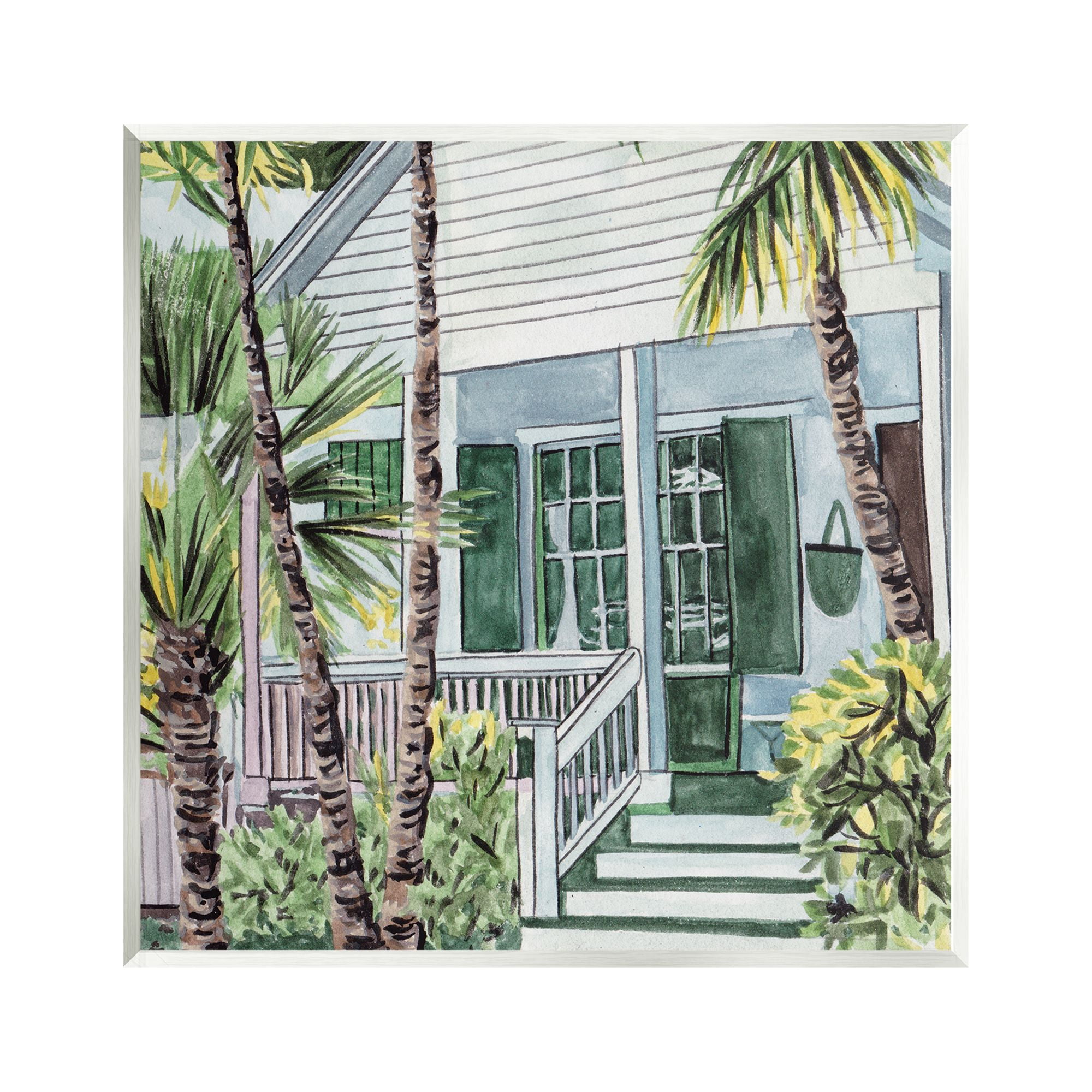 Tropical Beach Cottage Botanical Art Print on MDF Wood, 12 x 12