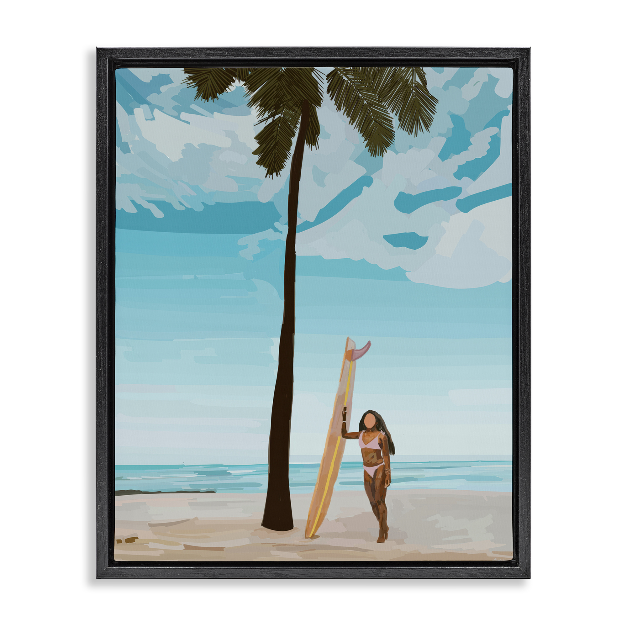 Stupell Industries Tropical Beach Day Girl Nautical & Beach Painting Black Floater Framed Canvas Art Print Wall Art, 25 x 31