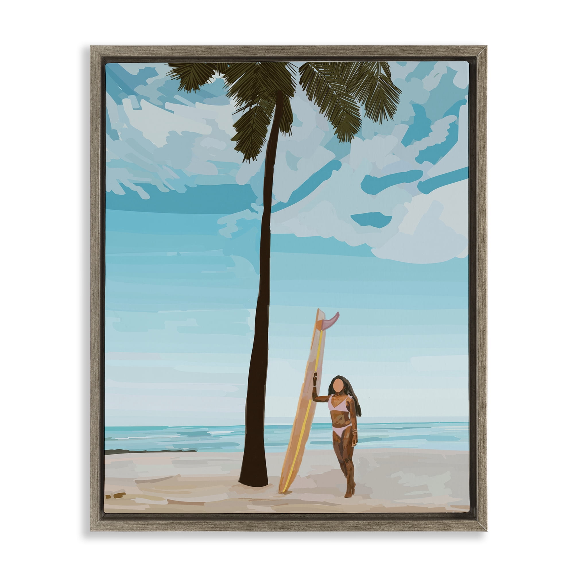 Stupell Industries Tropical Beach Day Girl Nautical & Beach Painting Brown Floater Framed Canvas Art Print Wall Art, 25 x 31