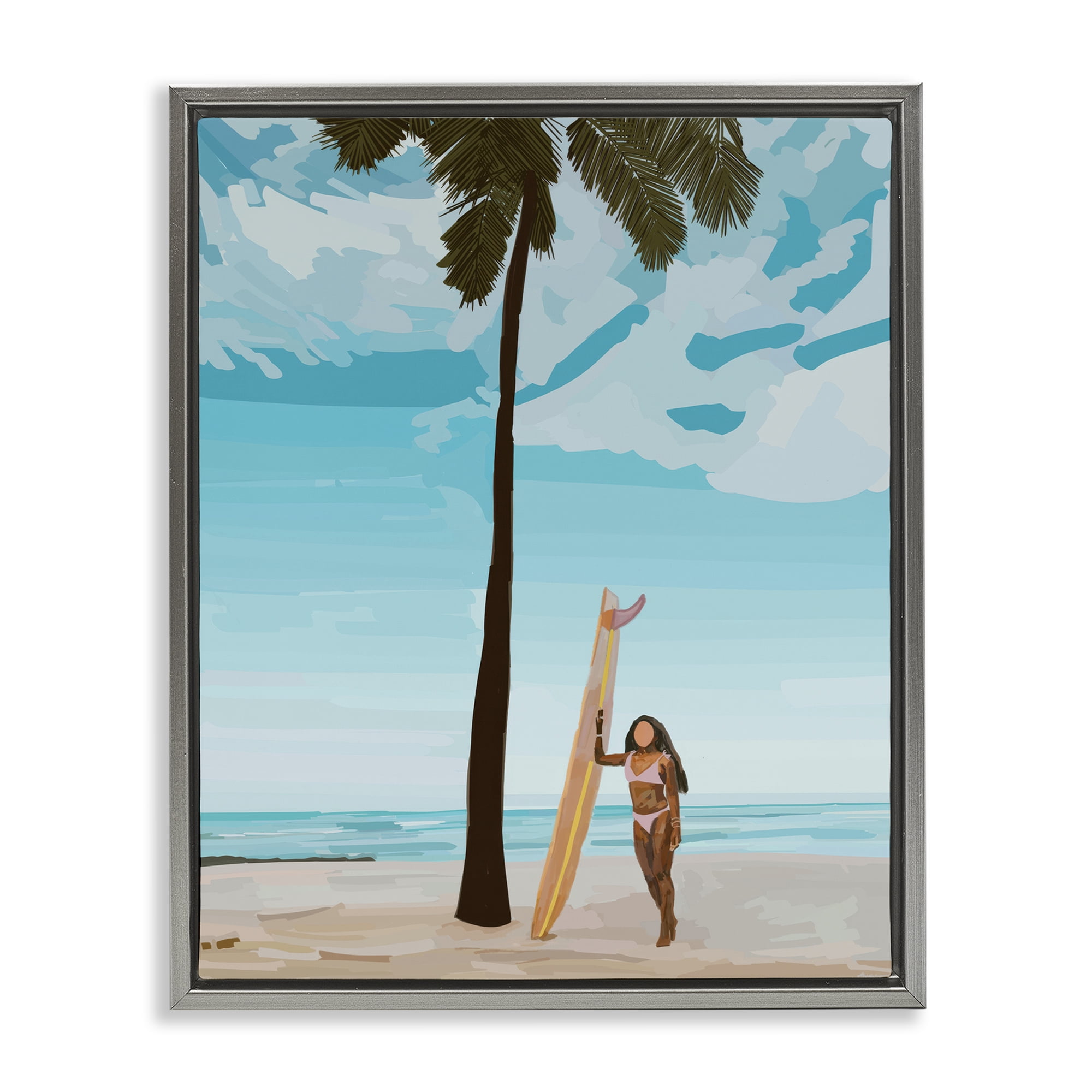 Stupell Industries Tropical Beach Day Girl Nautical & Beach Painting Gray Floater Framed Canvas Art Print Wall Art, 25 x 31