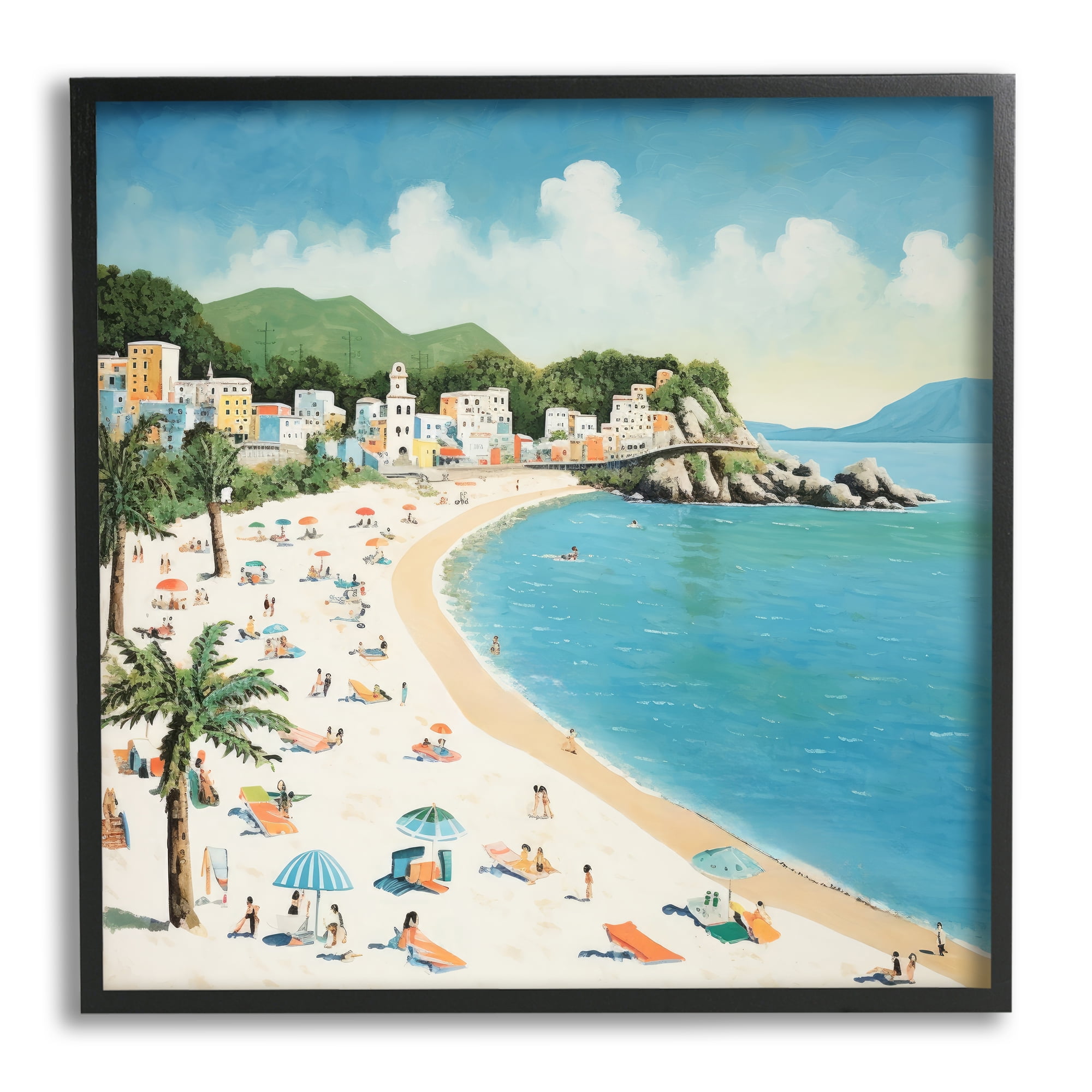 Tropical Beach Goers Landscape Print on Canvas with Black Frame
