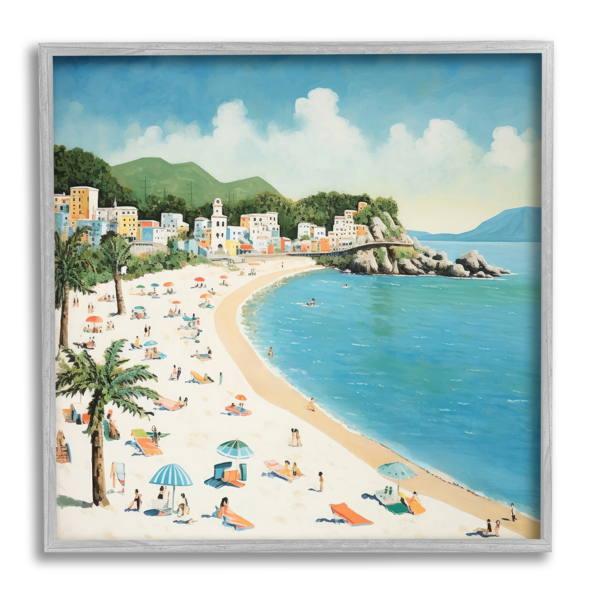 Stupell Industries Tropical Beach Goers Landscape Painting Gray Framed Art Print Wall Art, 24 x 24