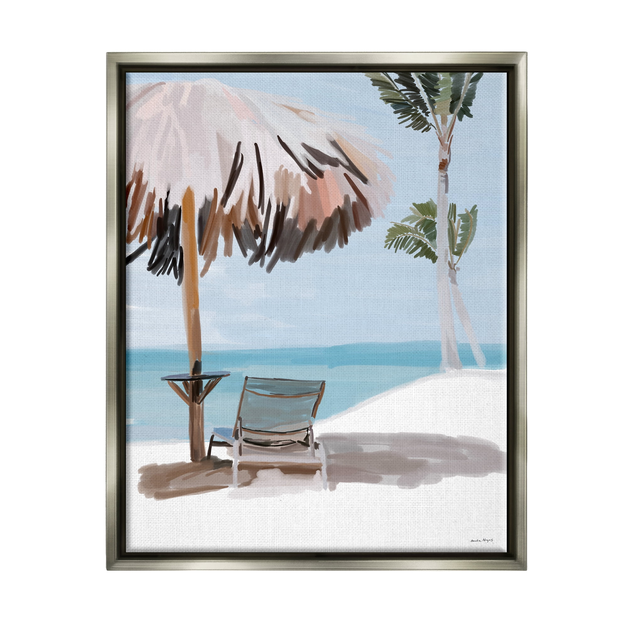 Stupell Industries Tropical Beach Hut Scenery Nature Painting Gray Floater Framed Art Print Wall Art, 25 x 31