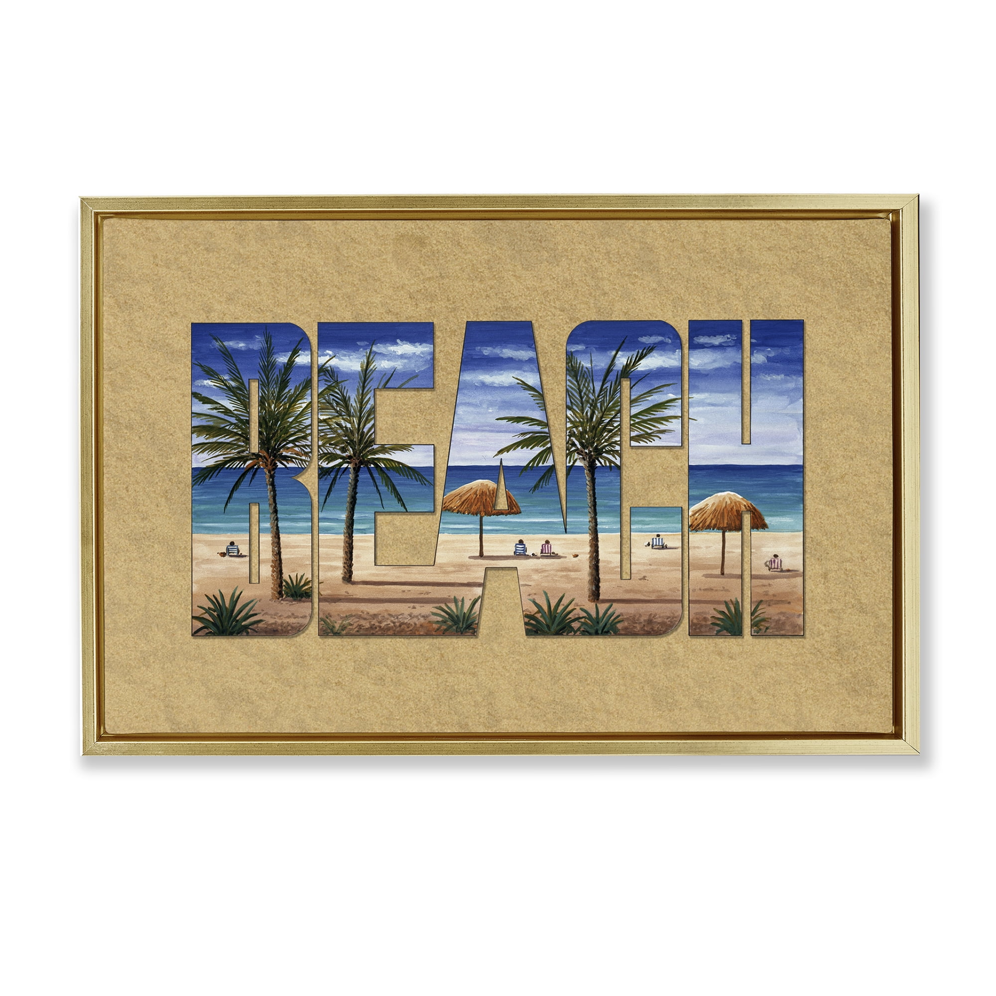Stupell Industries Tropical Beach Outline Nautical & Beach Painting Gold Floater Framed Canvas Art Print Wall Art, 25 x 17