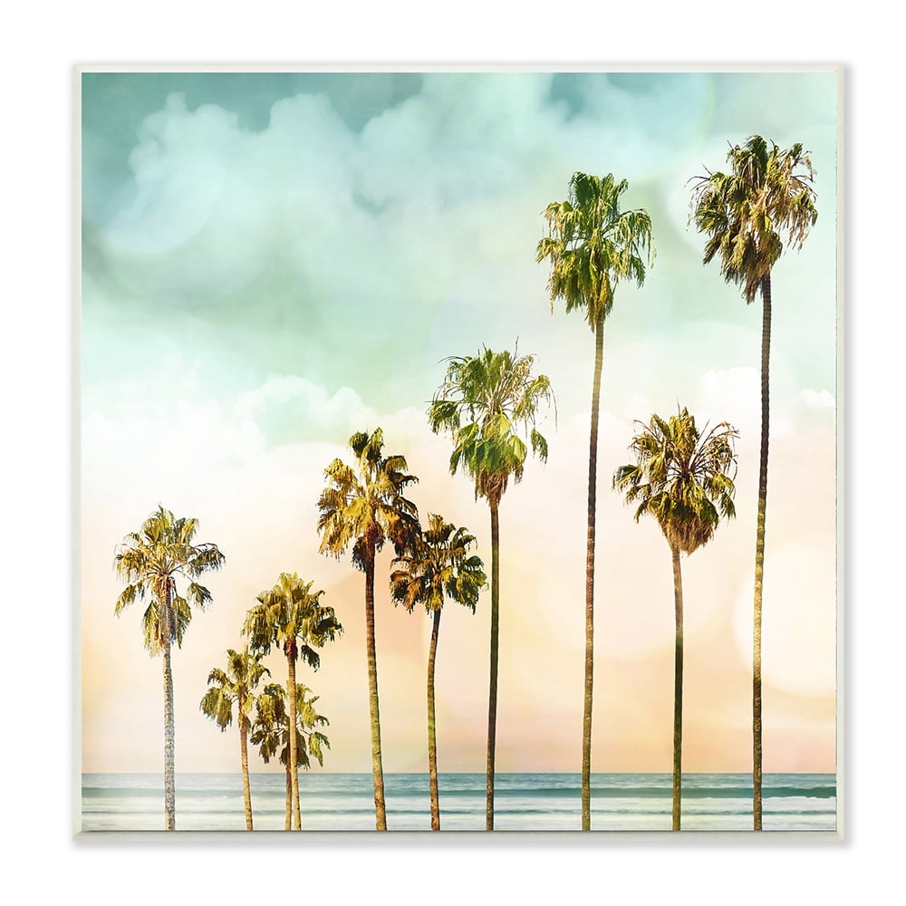 Tropical Beach Palm Trees Blue Green Sky Wood Wall Art
