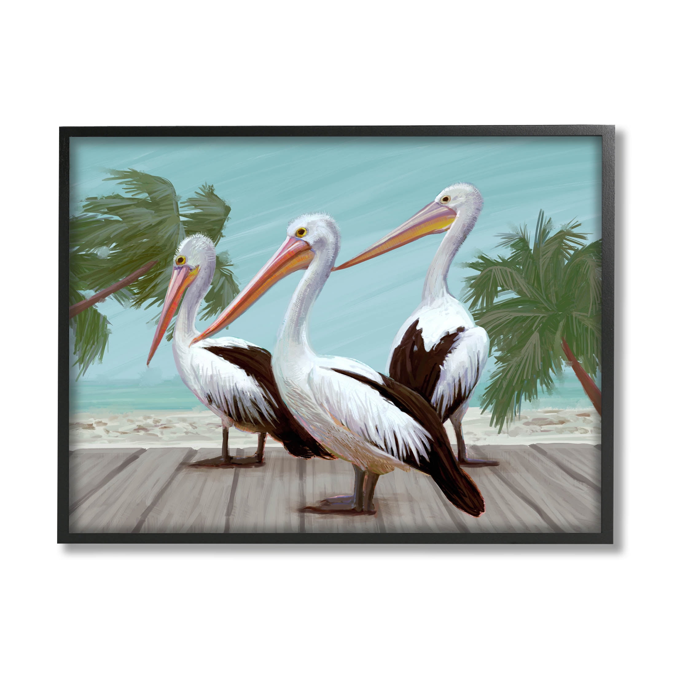 Stupell Industries Tropical Beach Pelicans Palms Graphic Art Black Framed Art Print Wall Art, Design by Ziwei Li