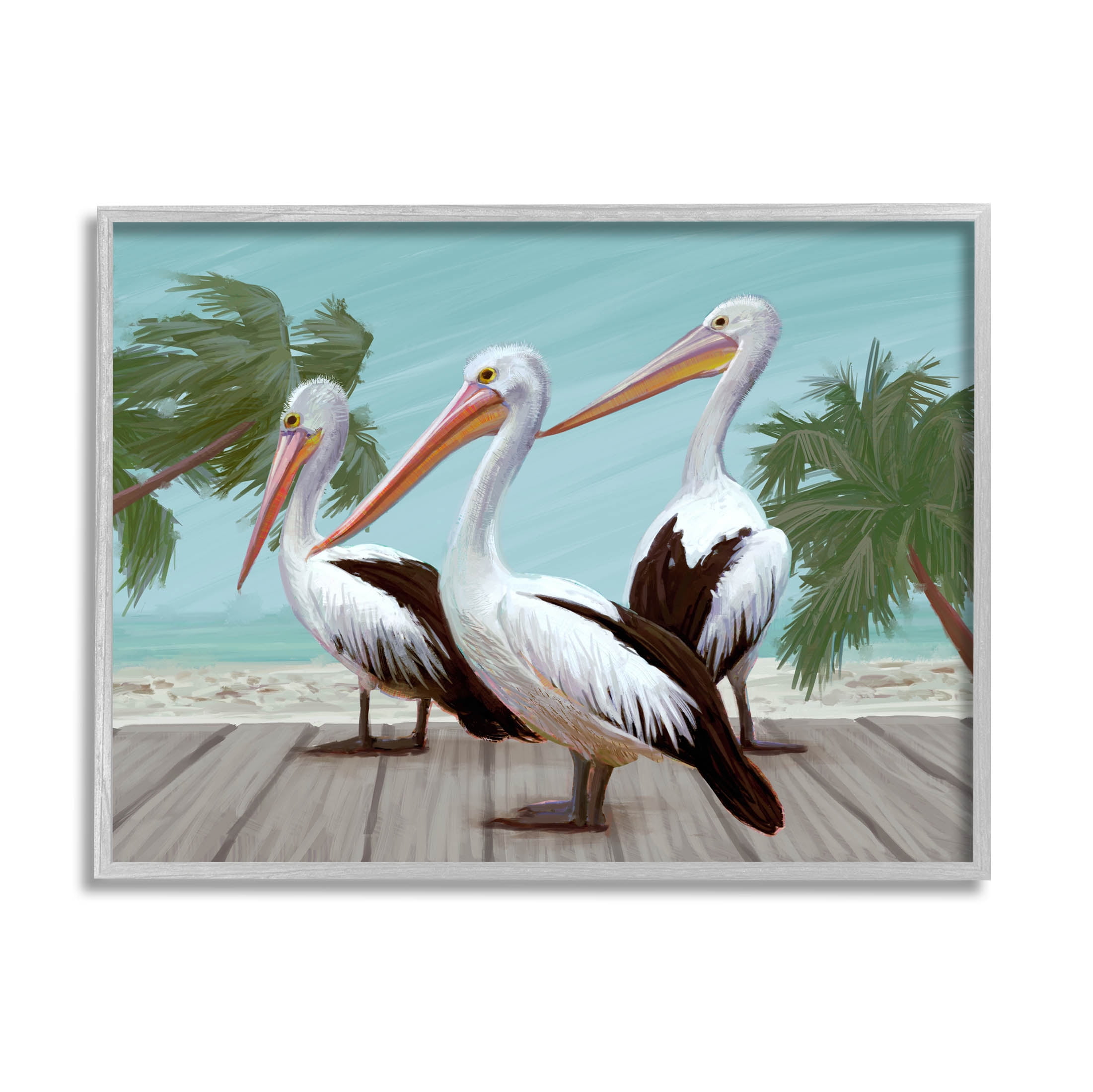 Stupell Industries Tropical Beach Pelicans Palms Graphic Art Gray Framed Art Print Wall Art, Design by Ziwei Li