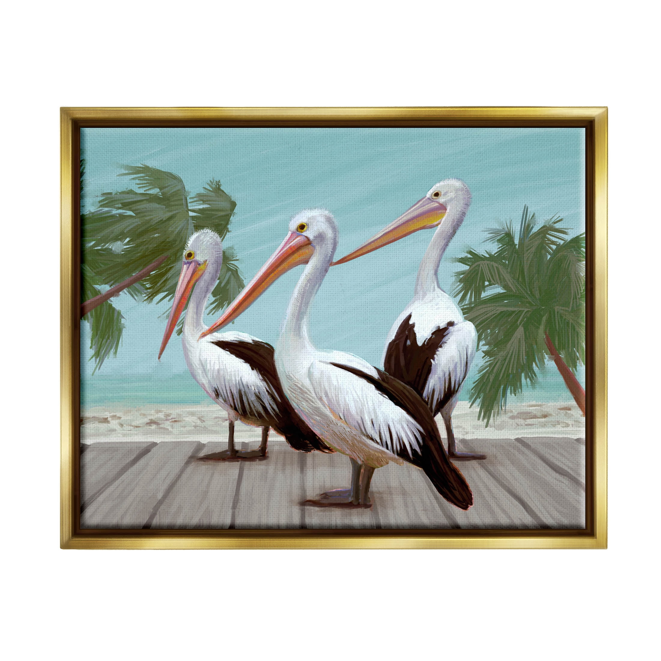 Stupell Industries Tropical Beach Pelicans Palms Graphic Art Metallic Gold Floating Framed Canvas Print Wall Art, Design by Ziwei Li