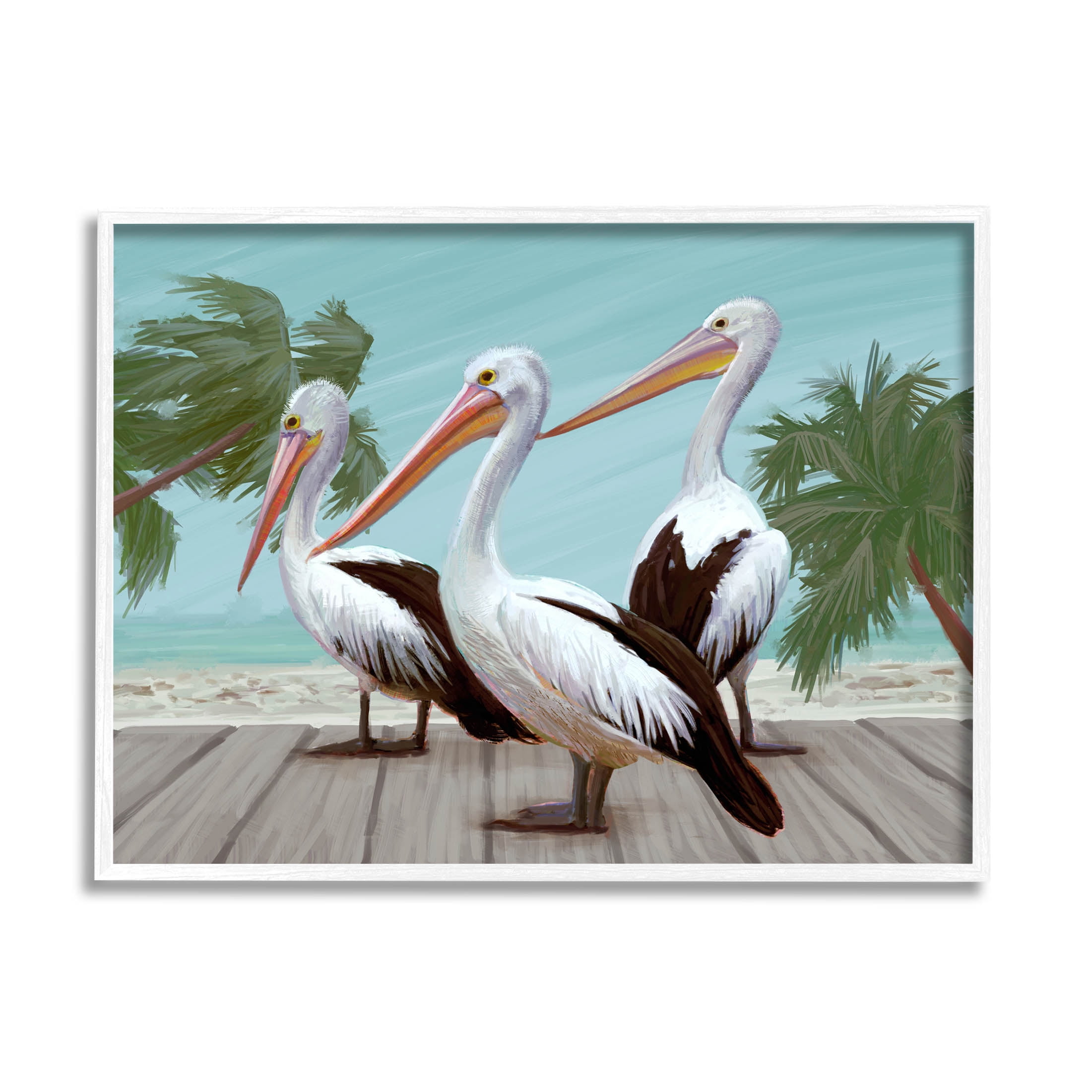 Stupell Industries Tropical Beach Pelicans Palms Graphic Art White Framed Art Print Wall Art, Design by Ziwei Li
