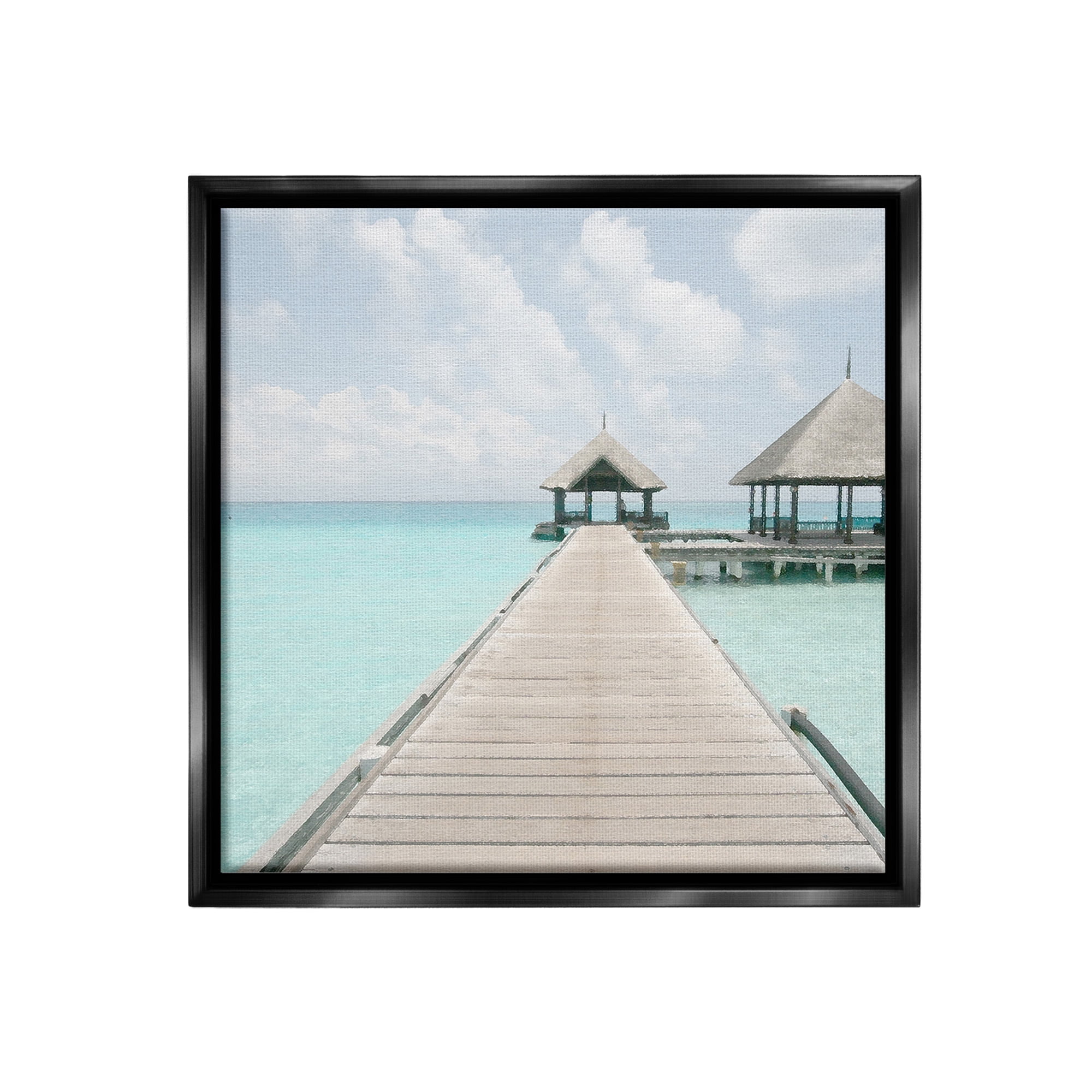 Stupell Industries Tropical Beach Pier Landscape Painting Black Floater Framed Canvas Art Print Wall Art, 18 x 18