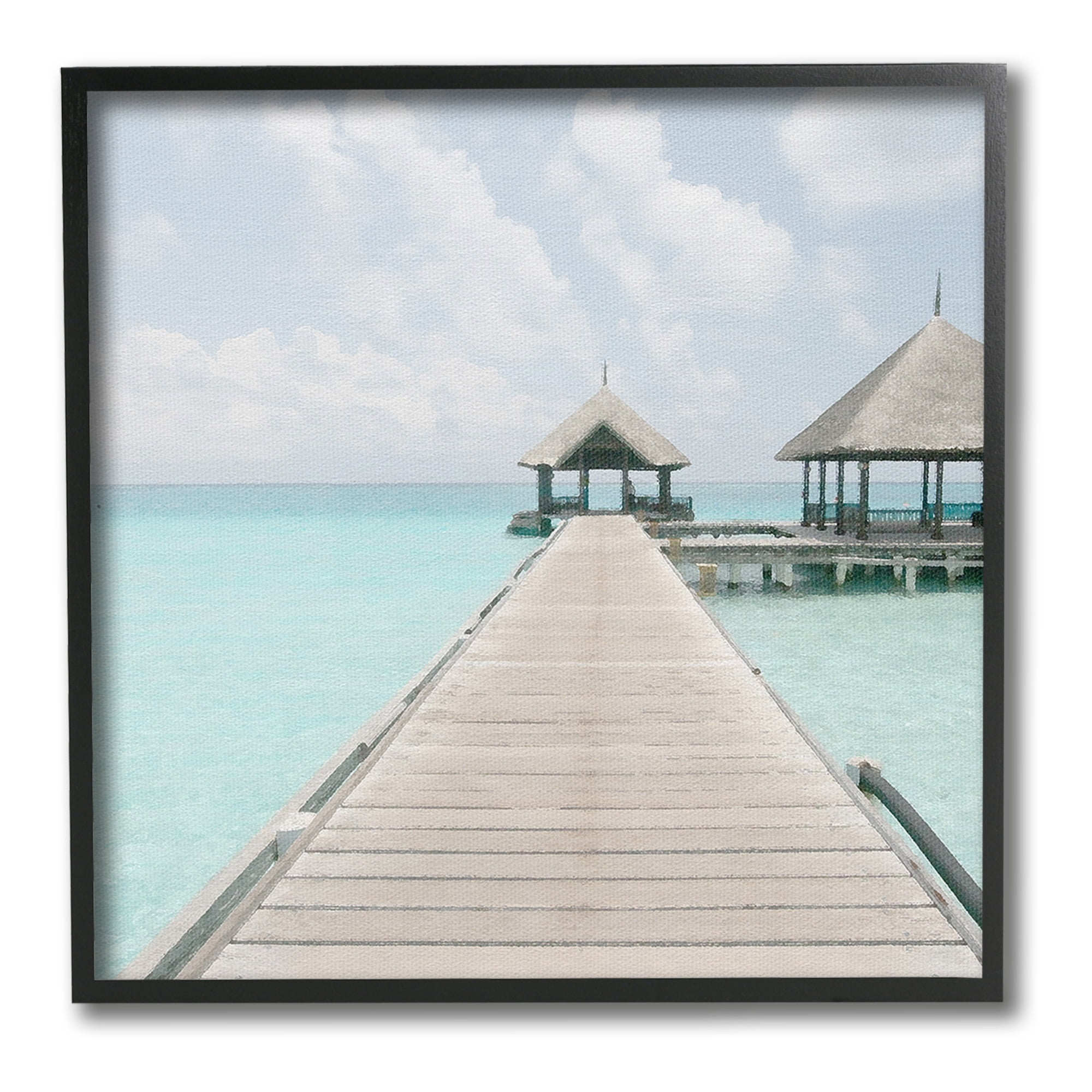 Stupell Industries Tropical Beach Pier Landscape Painting Black Framed Art Print Wall Art, 12 x 12