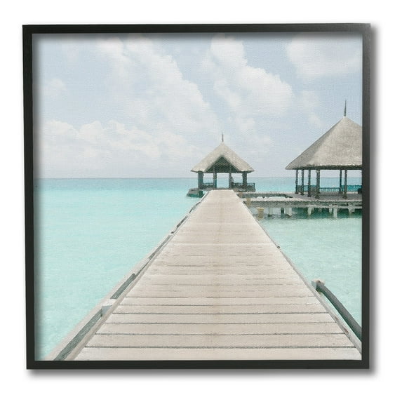 Stupell Industries Tropical Beach Pier Landscape Painting Black Framed Art Print Wall Art, 12 x 12