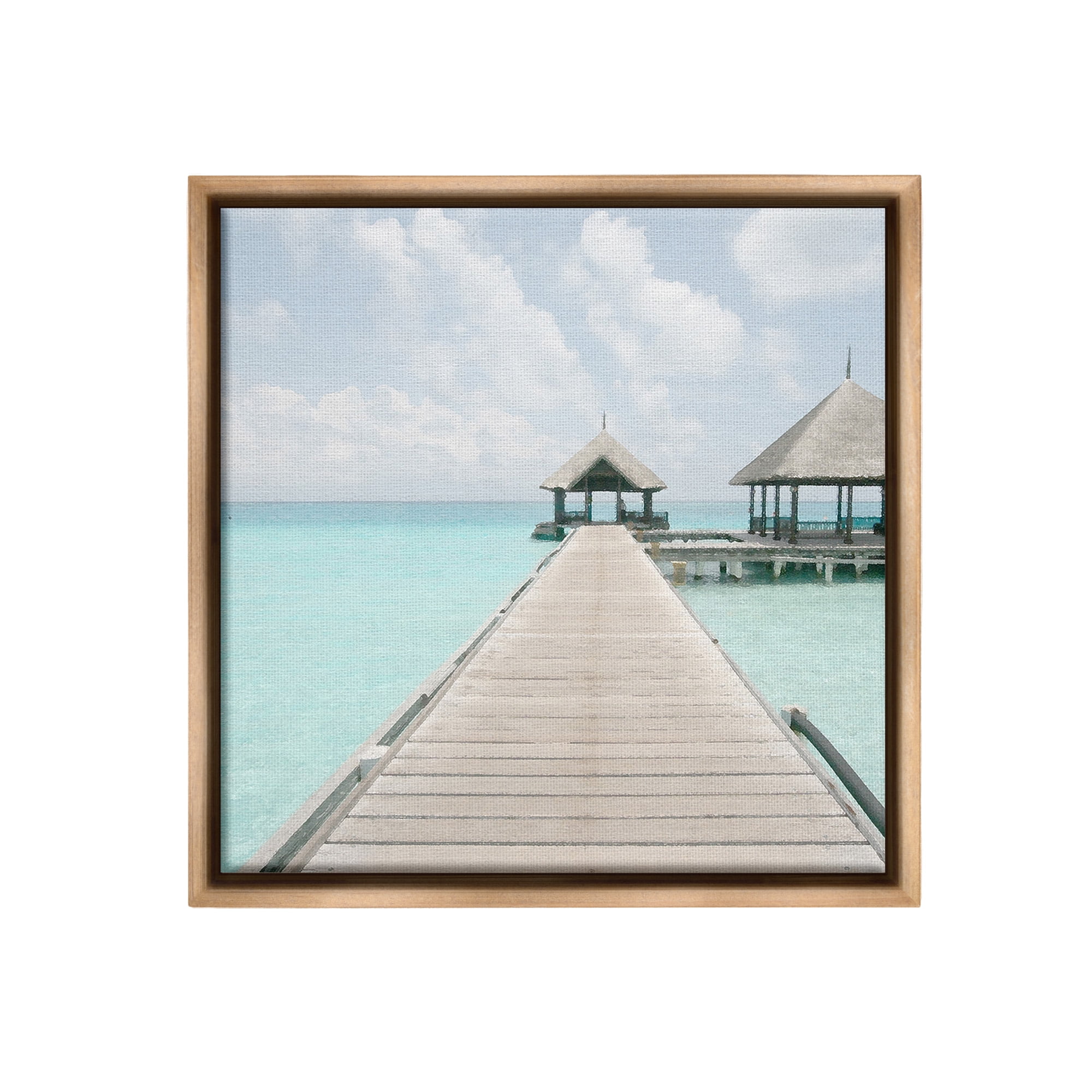 Stupell Industries Tropical Beach Pier Landscape Painting Brown Floater Framed Canvas Art Print Wall Art, 18 x 18