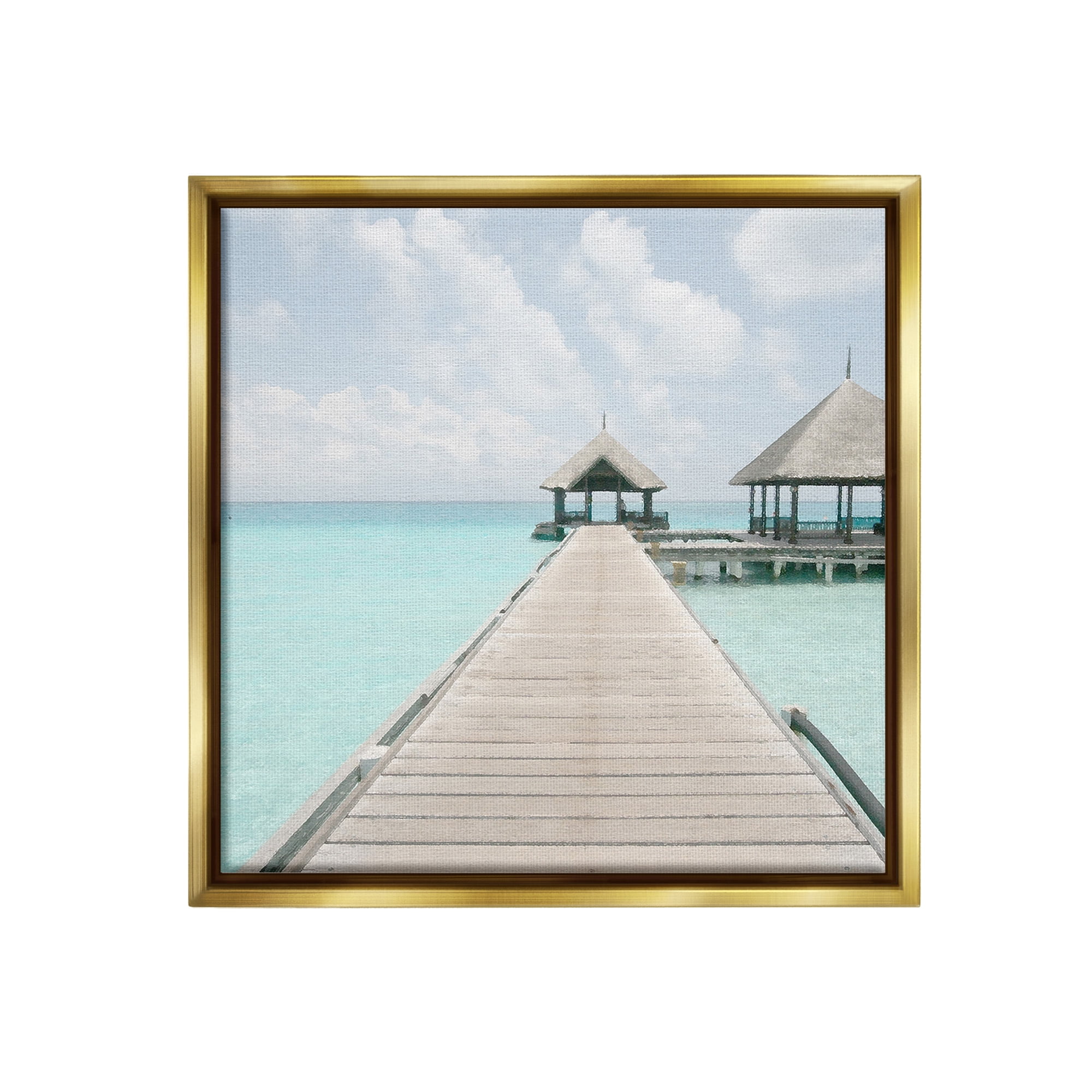 Tropical Beach Pier Landscape Canvas Print with Gold Frame, 18 x 18