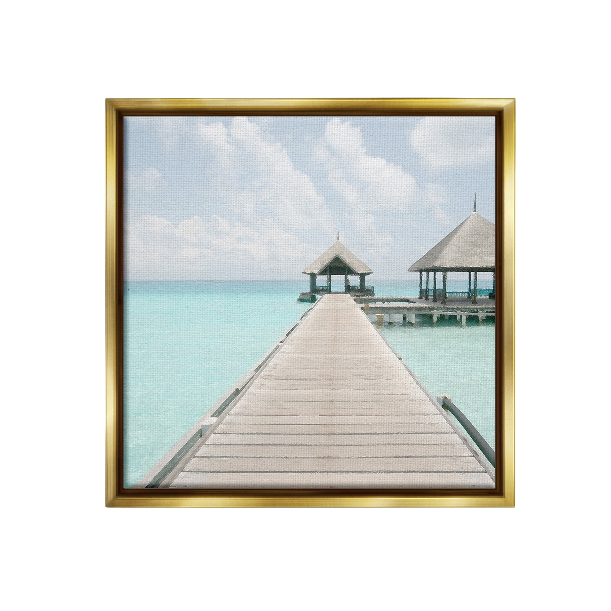 Stupell Industries Tropical Beach Pier Landscape Painting Gold Floater Framed Canvas Art Print Wall Art, 25 x 25