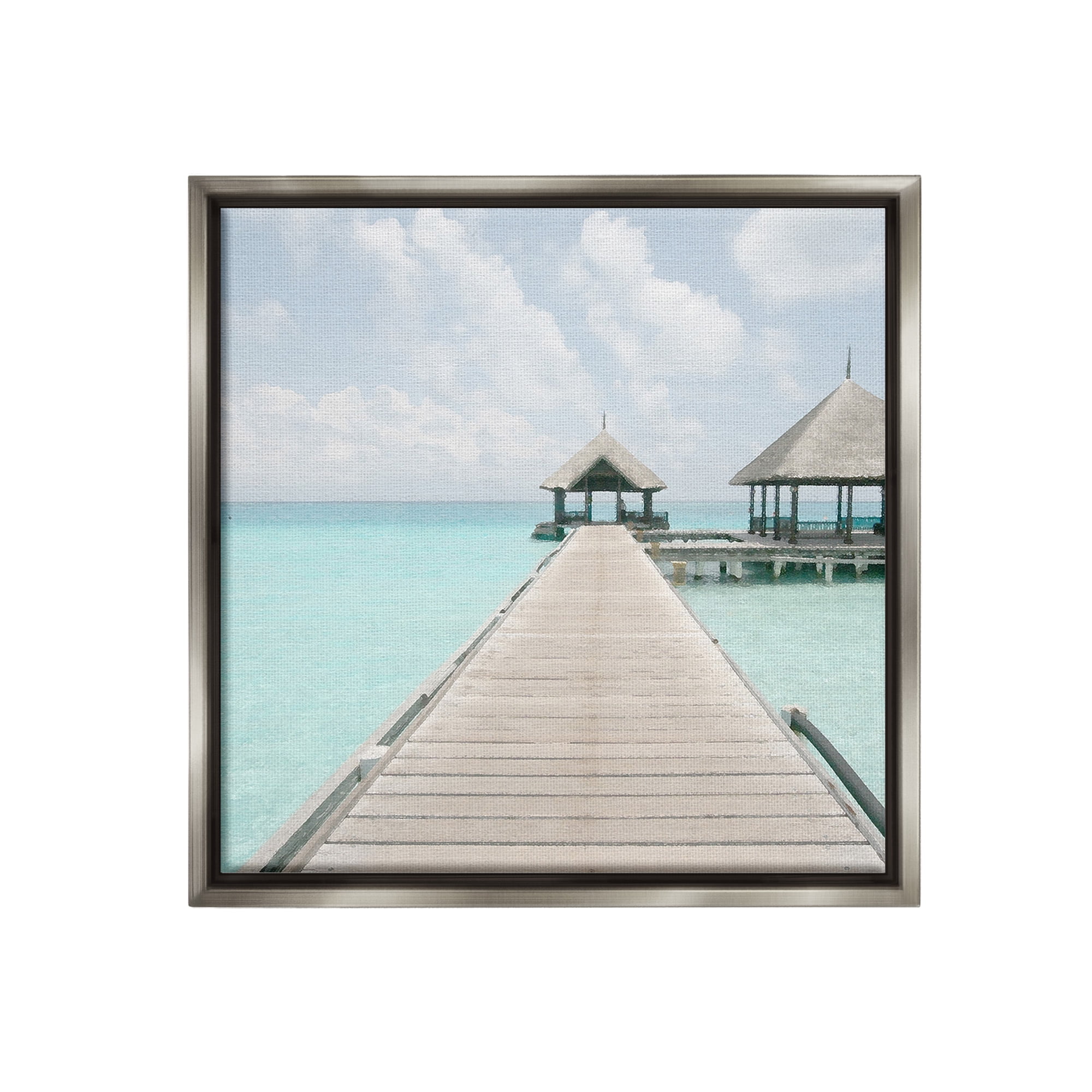 Stupell Industries Tropical Beach Pier Landscape Painting Gray Floater Framed Canvas Art Print Wall Art, 25 x 25