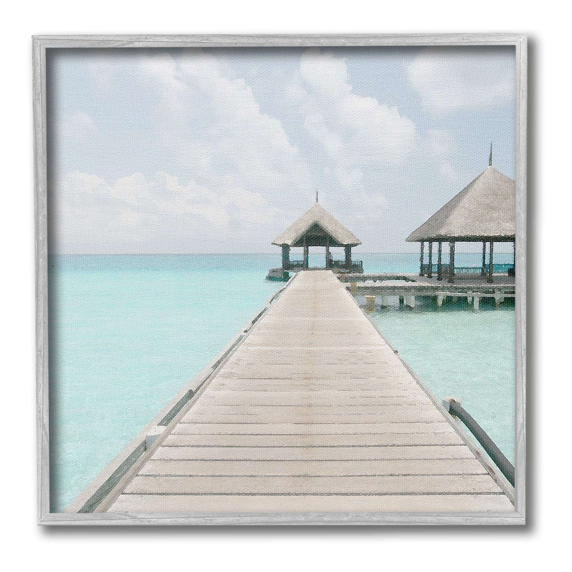 Stupell Industries Tropical Beach Pier Landscape Painting Gray Framed Art Print Wall Art, 24 x 24