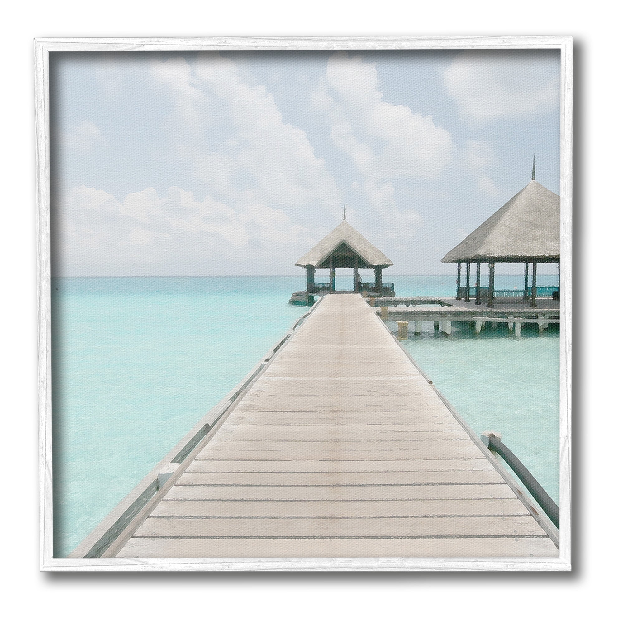 Stupell Industries Tropical Beach Pier Landscape Painting White Framed Art Print Wall Art, 12 x 12