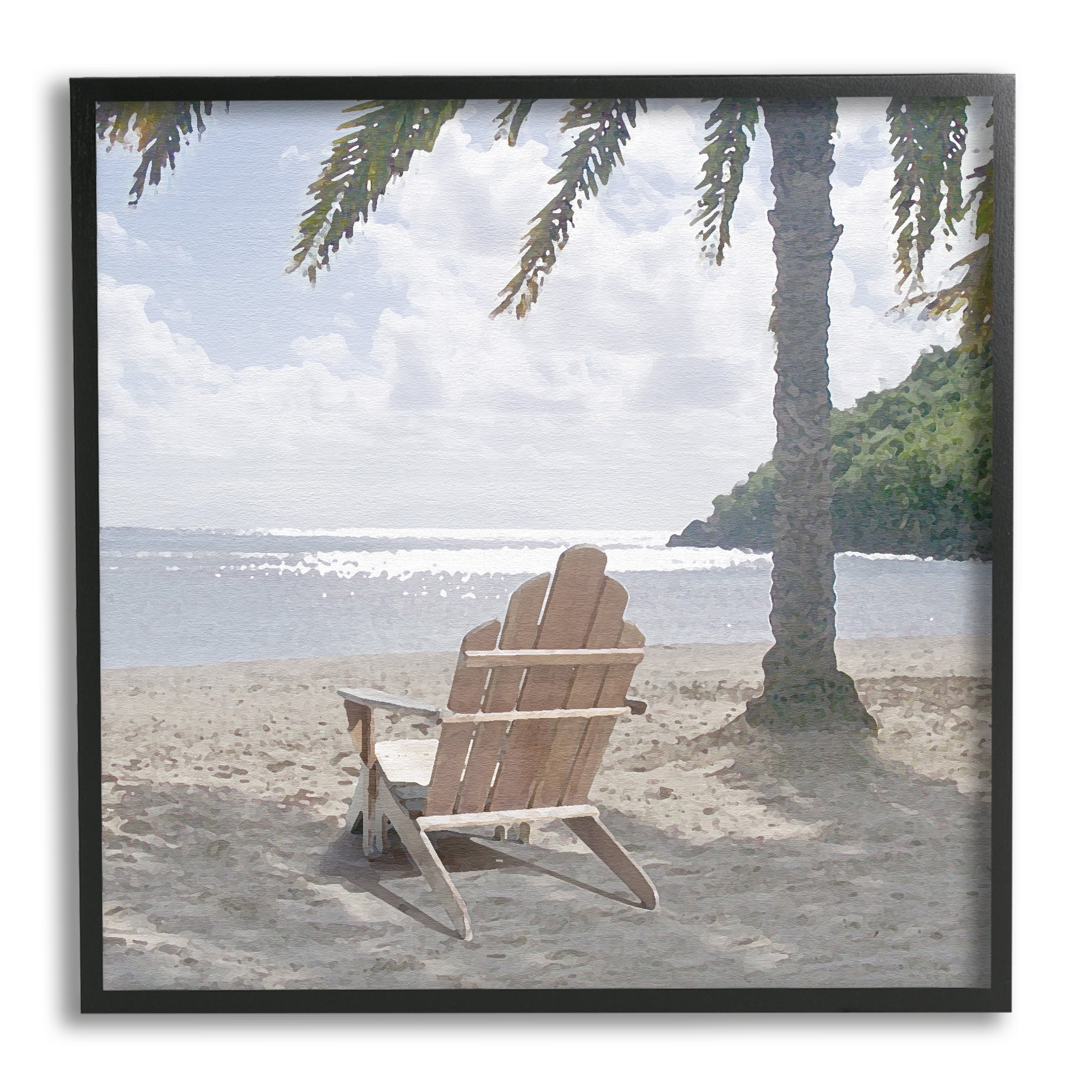 Tropical Beach Shoreline Landscape Print on Canvas with Black Frame
