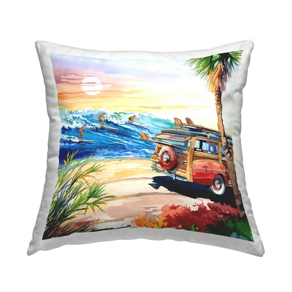 Stupell Industries Tropical Beach Surfing Ocean Waves Square Decorative Printed Throw Pillow, 18 x 18,