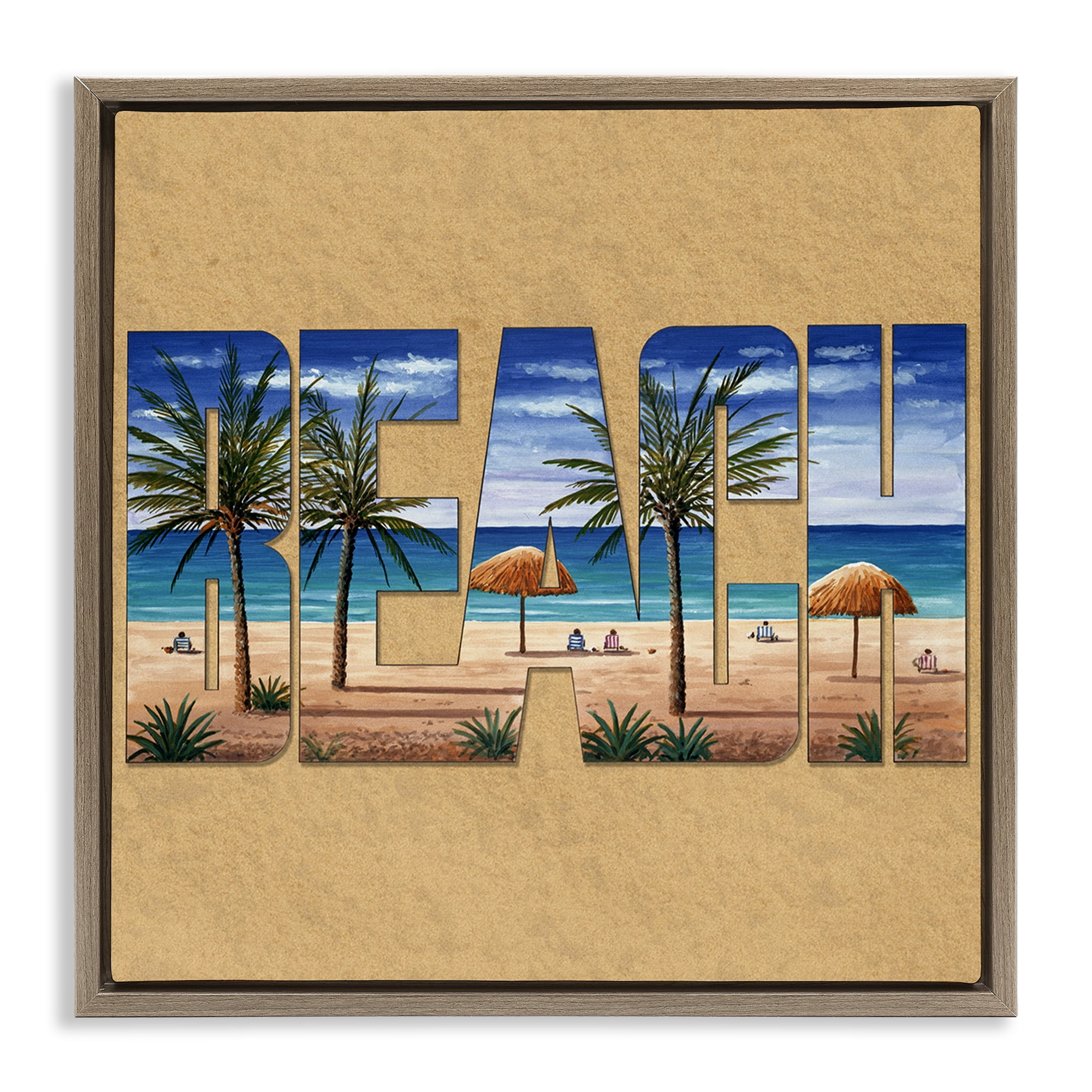 Stupell Industries Tropical Beach Typography Nautical & Beach Painting Brown Floater Framed Canvas Art Print Wall Art, 25 x 25
