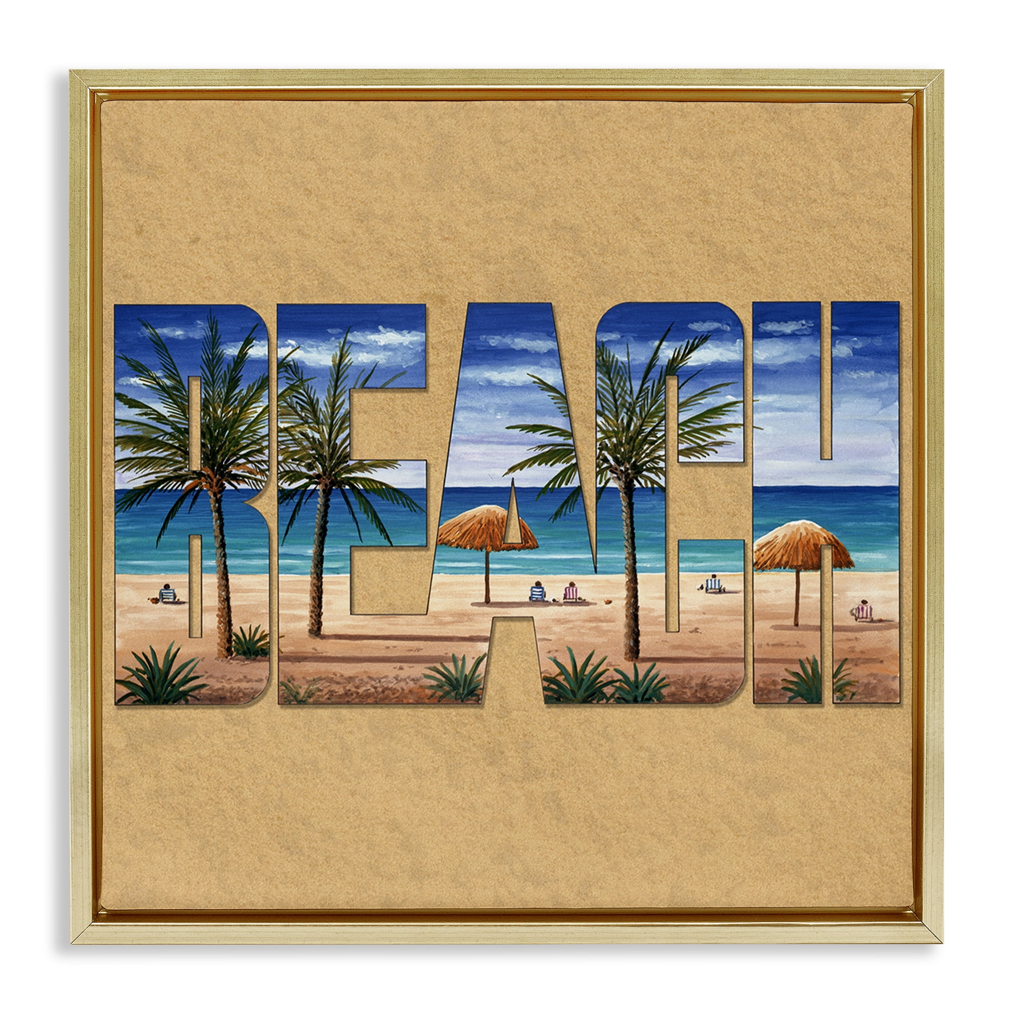 Stupell Industries Tropical Beach Typography Nautical & Beach Painting Gold Floater Framed Canvas Art Print Wall Art, 18 x 18