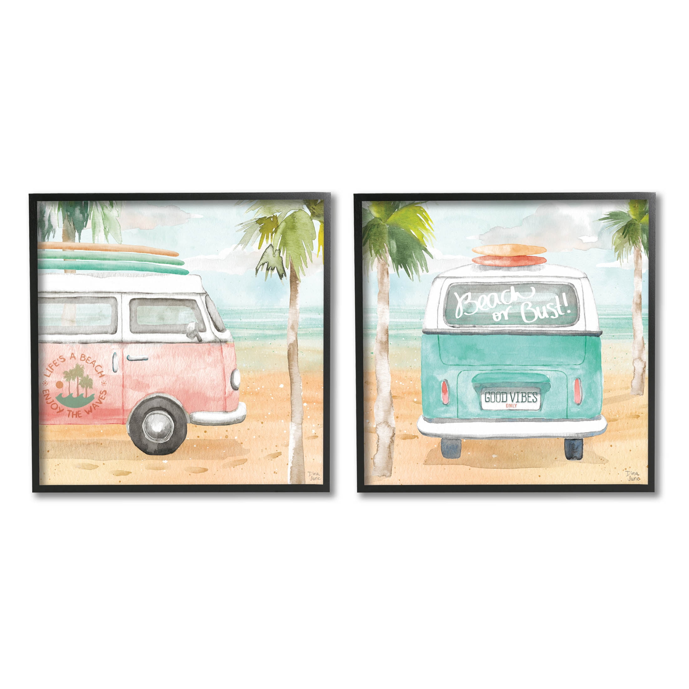 Stupell Industries Tropical Beach Vacation Van Painting Black Framed Art Print Wall Art, Set of 2, Design by Dina June