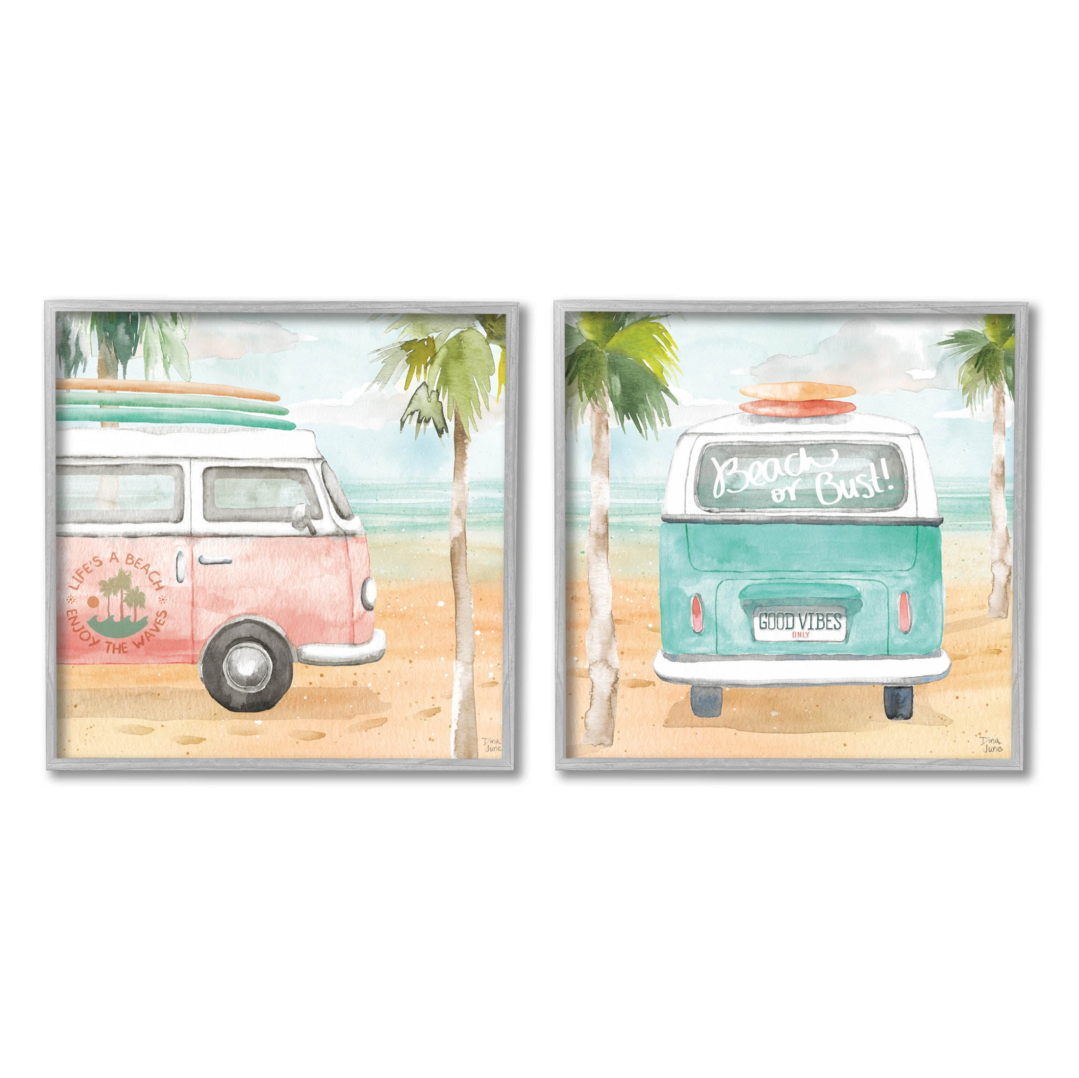 Stupell Industries Tropical Beach Vacation Van Painting Gray Framed Art Print Wall Art, Set of 2, Design by Dina June
