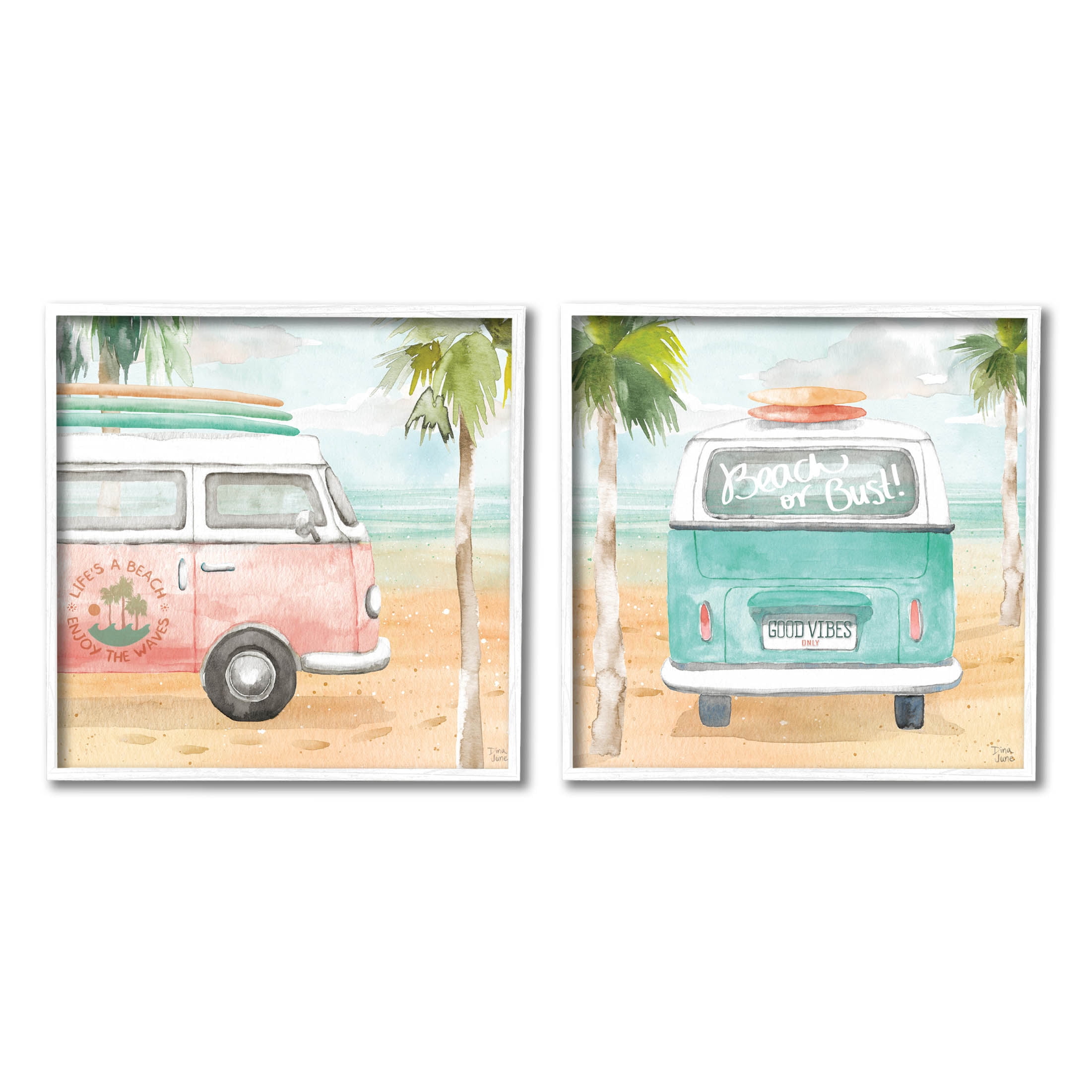 Stupell Industries Tropical Beach Vacation Van Painting White Framed Art Print Wall Art, Set of 2, Design by Dina June