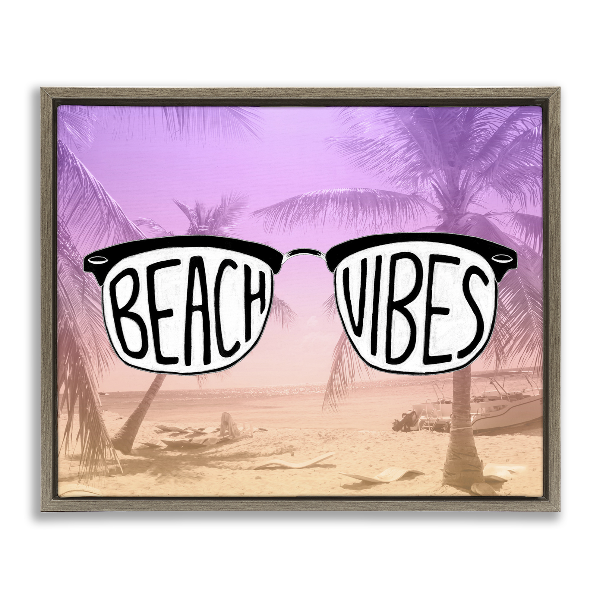 Stupell Industries Tropical Beach Vibes Typography Painting Brown Floater Framed Canvas Art Print Wall Art, 21 x 17