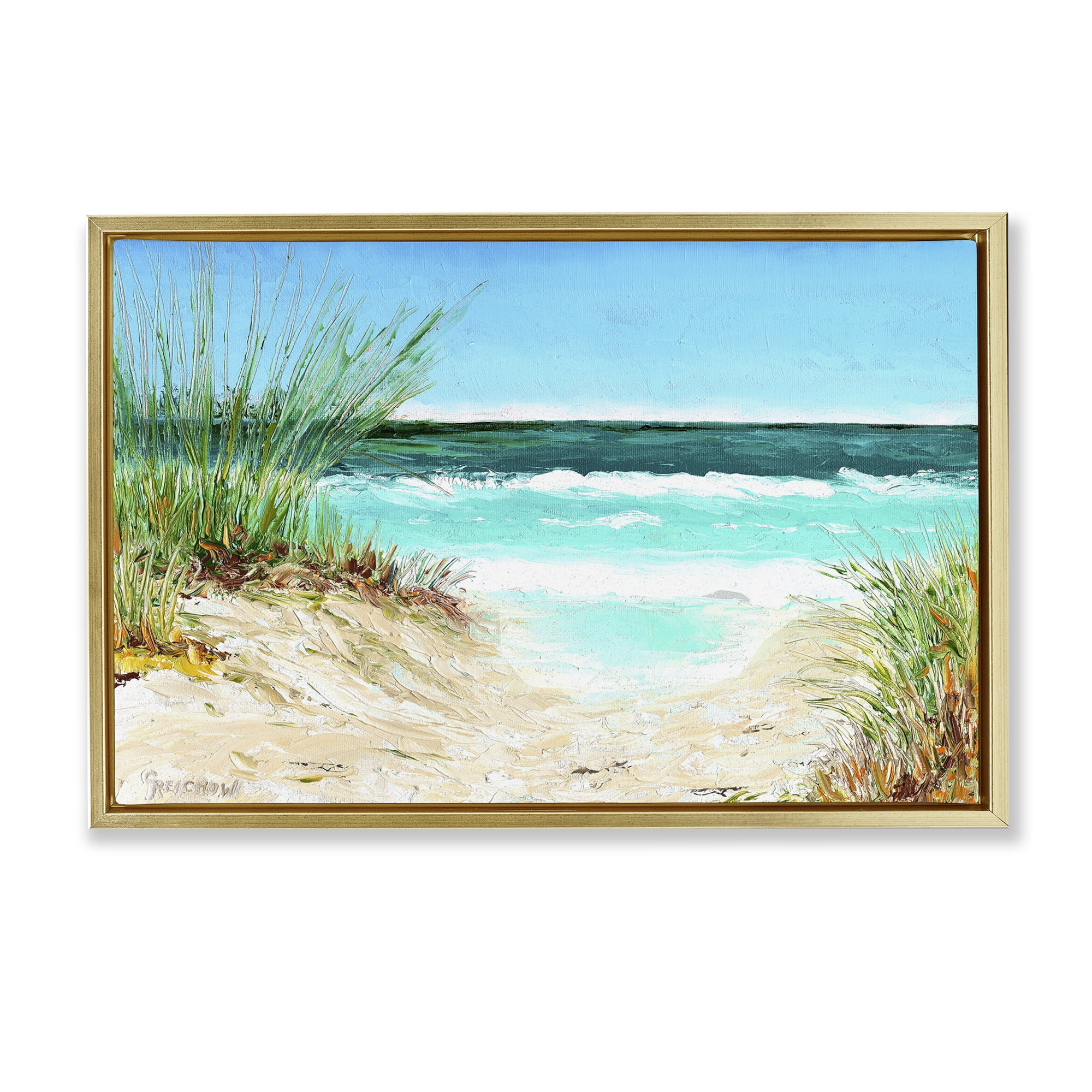 Stupell Industries Tropical Beach View Landscape & Nature Painting Gold Floater Framed Canvas Art Print Wall Art, 31 x 21