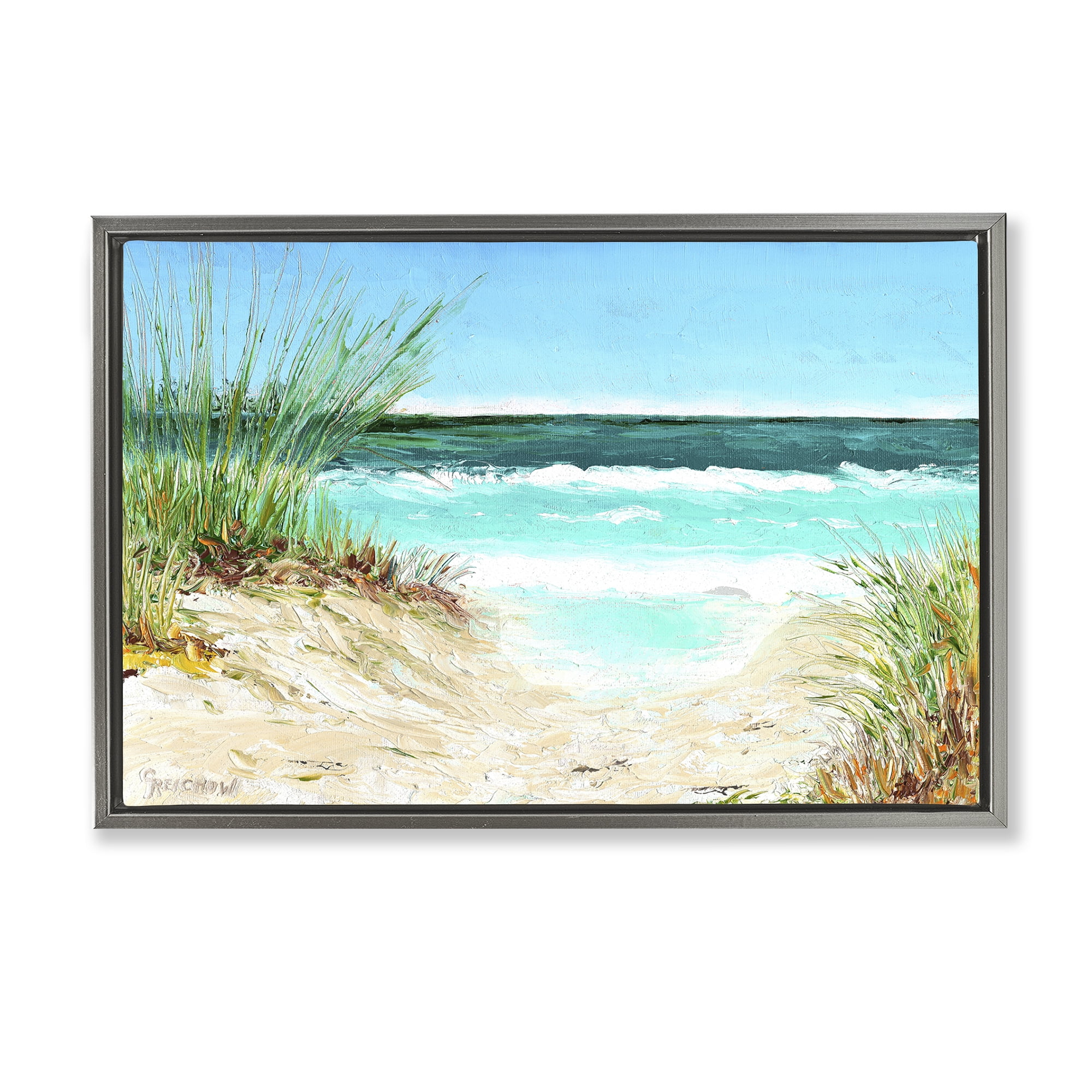 Stupell Industries Tropical Beach View Landscape & Nature Painting Gray Floater Framed Canvas Art Print Wall Art, 25 x 17