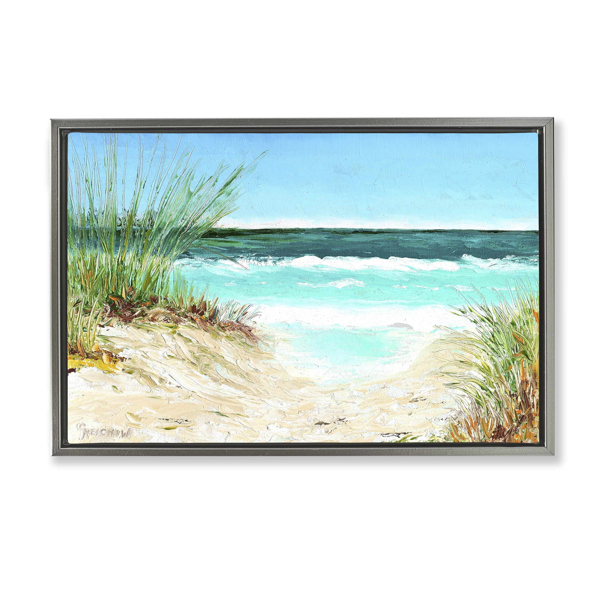 Stupell Industries Tropical Beach View Landscape & Nature Painting Gray Floater Framed Canvas Art Print Wall Art, 31 x 21
