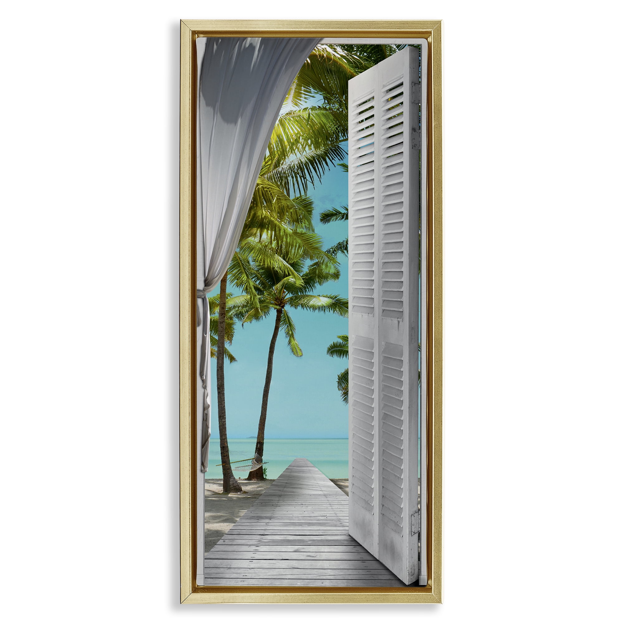 Stupell Industries Tropical Beach Villa View Nautical & Beach Painting Gold Floater Framed Canvas Art Print Wall Art, 14 x 31